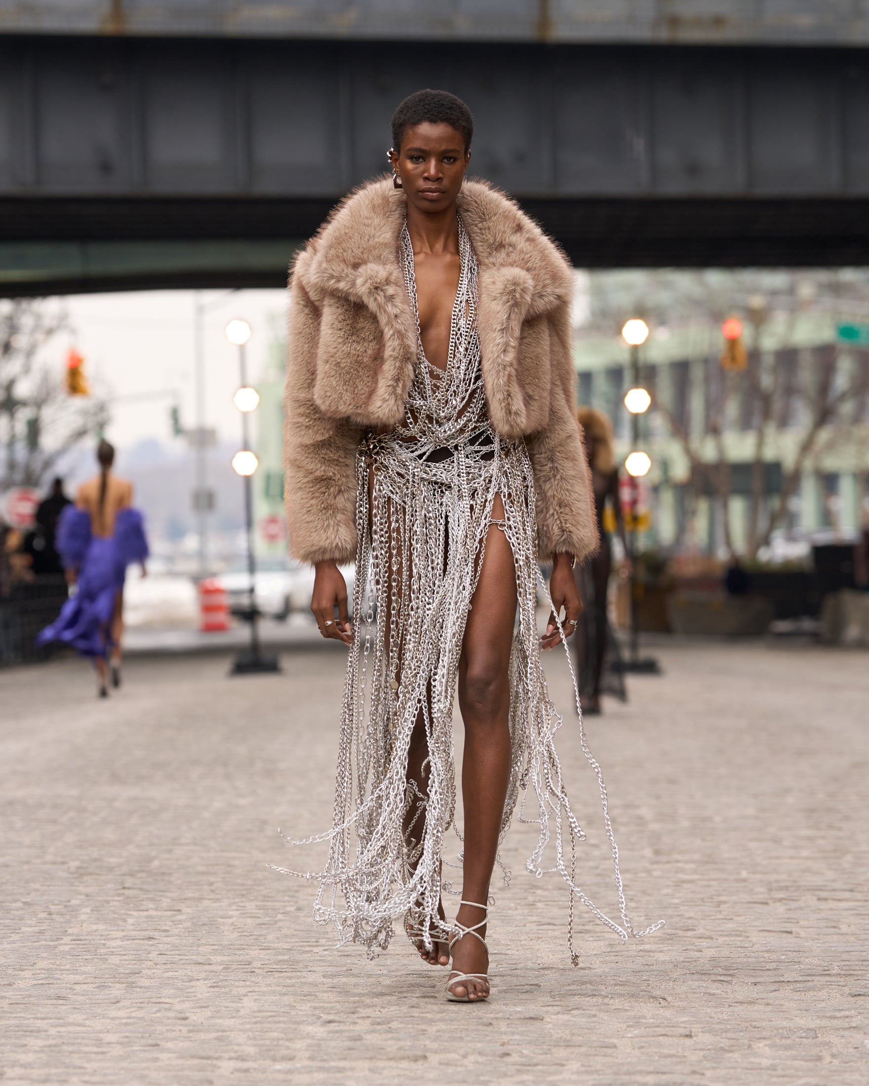 Chain Halter Metallic Dress + Cropped Teddy Jacket