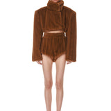 Look 9: Faux Mink Long Sleeve Cropped Jacket + Faux Mink Shorts