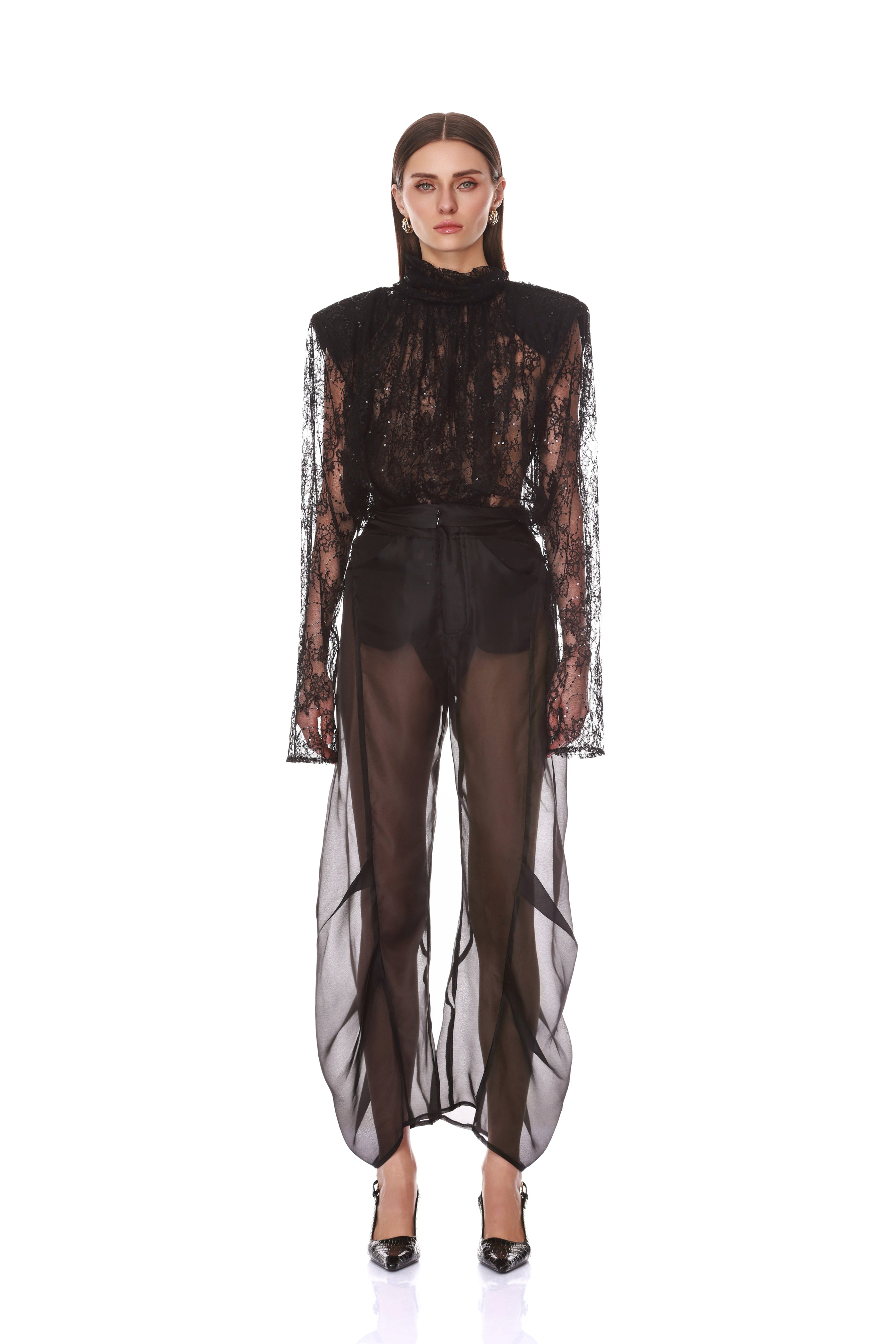 Long Sleeve Sheer Blouse with Tie + Organza Pant