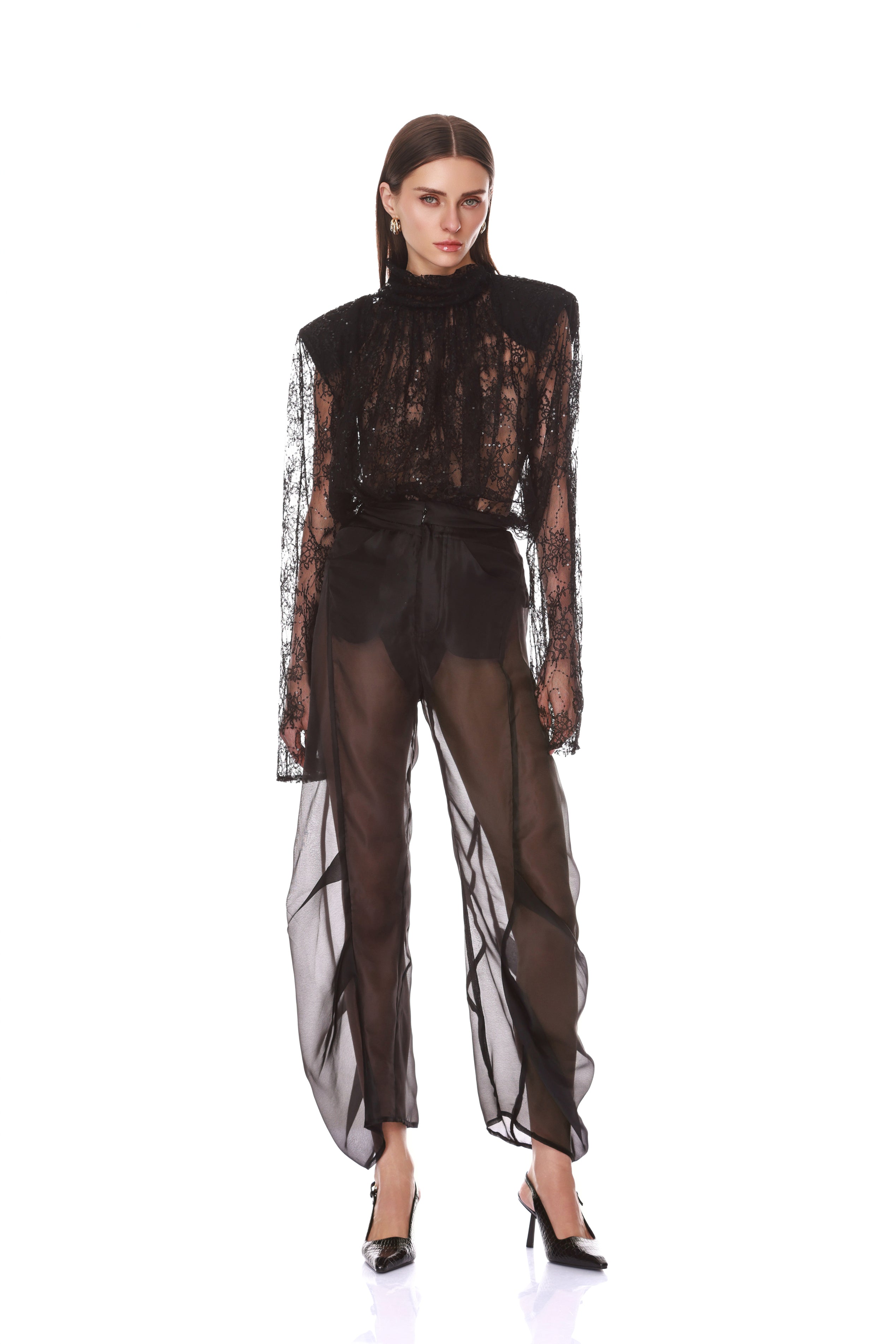 Long Sleeve Sheer Blouse with Tie + Organza Pant