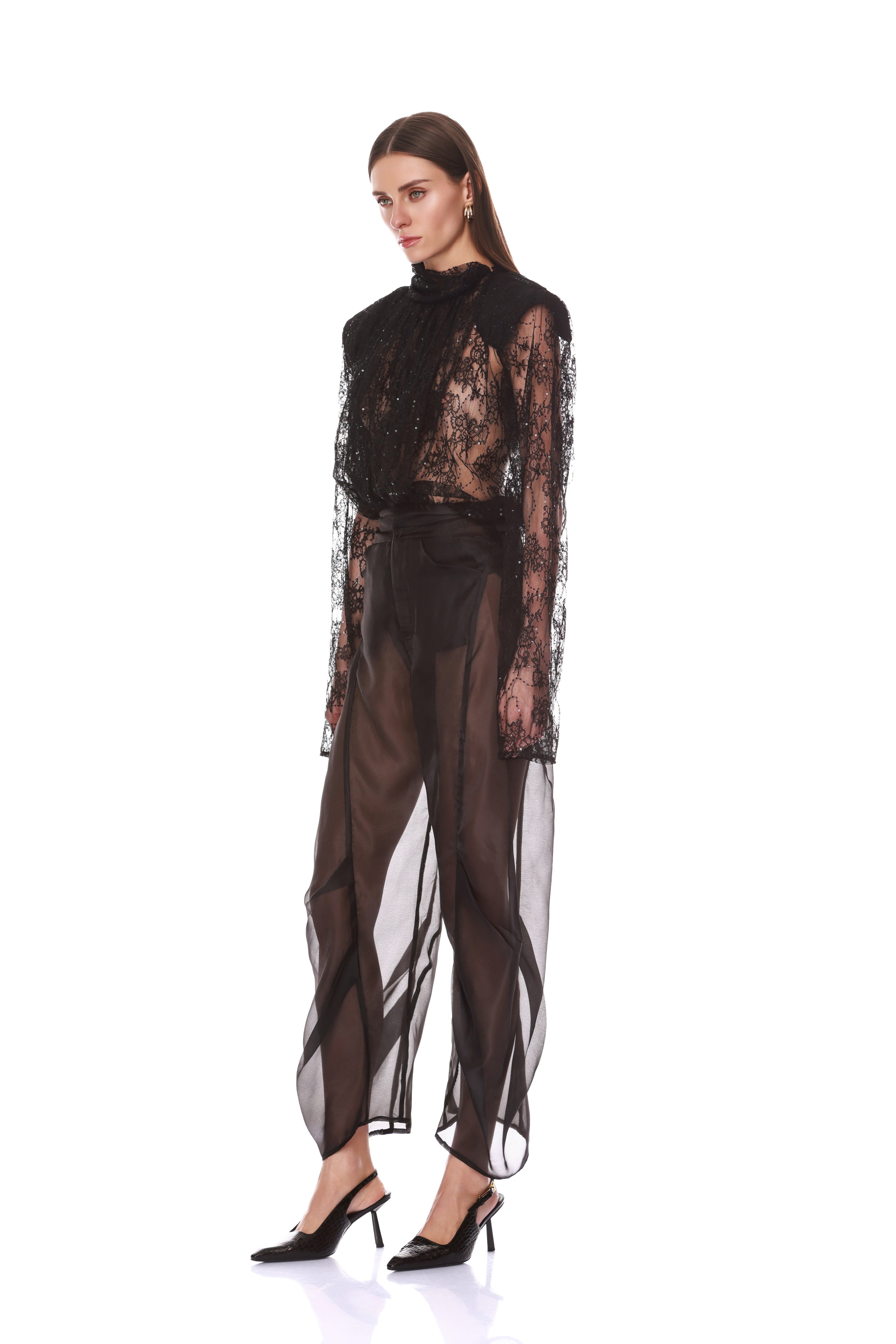 Long Sleeve Sheer Blouse with Tie + Organza Pant