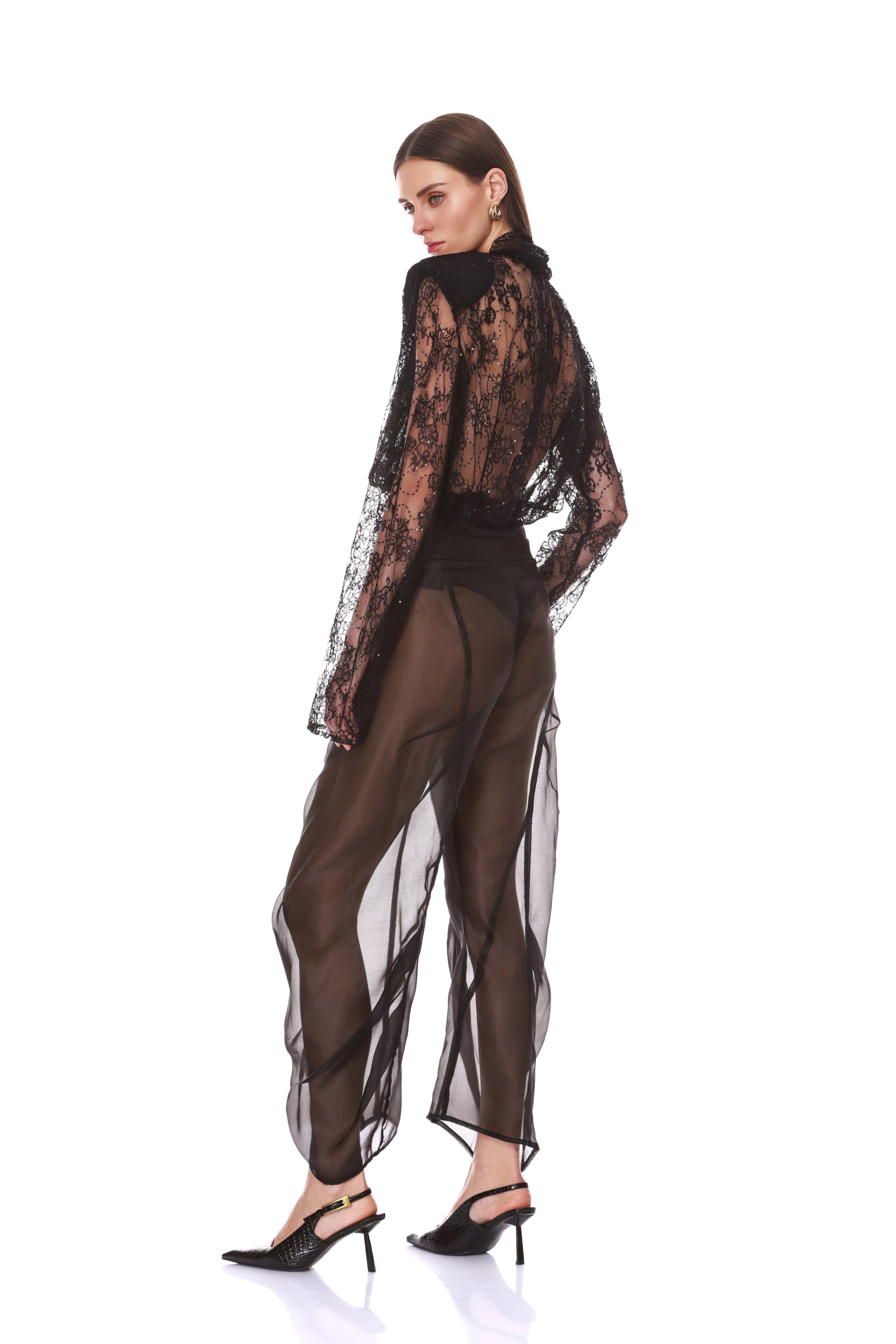 Long Sleeve Sheer Blouse with Tie + Organza Pant