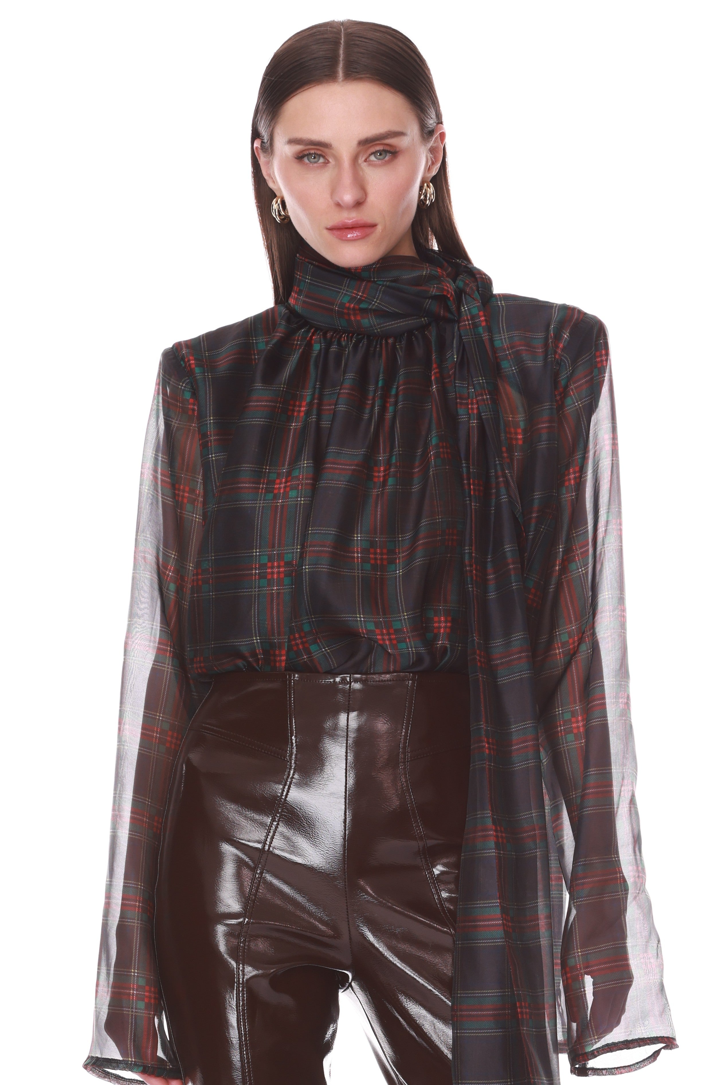 Plaid Long Sleeve Organza Blouse with Tie