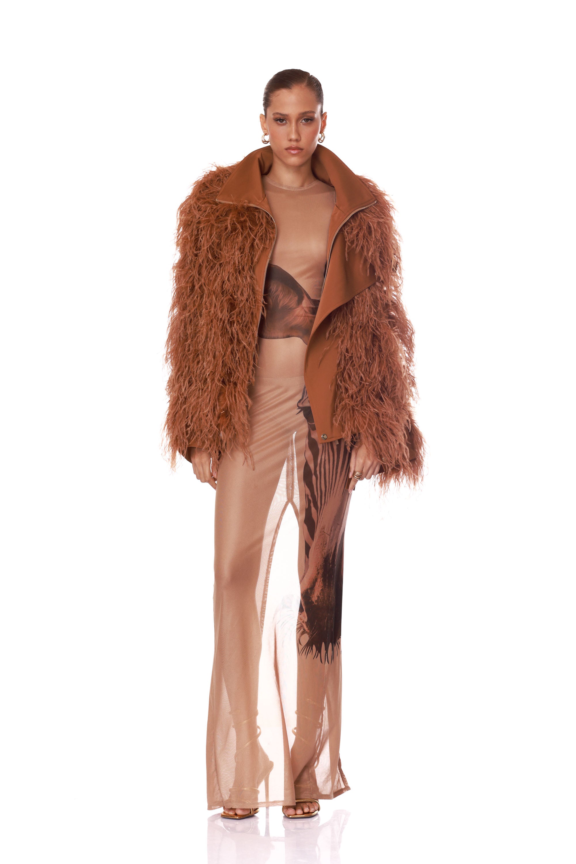 Marlowe Brown Feather Bomber Jacket