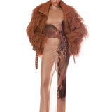 Marlowe Brown Feather Bomber Jacket