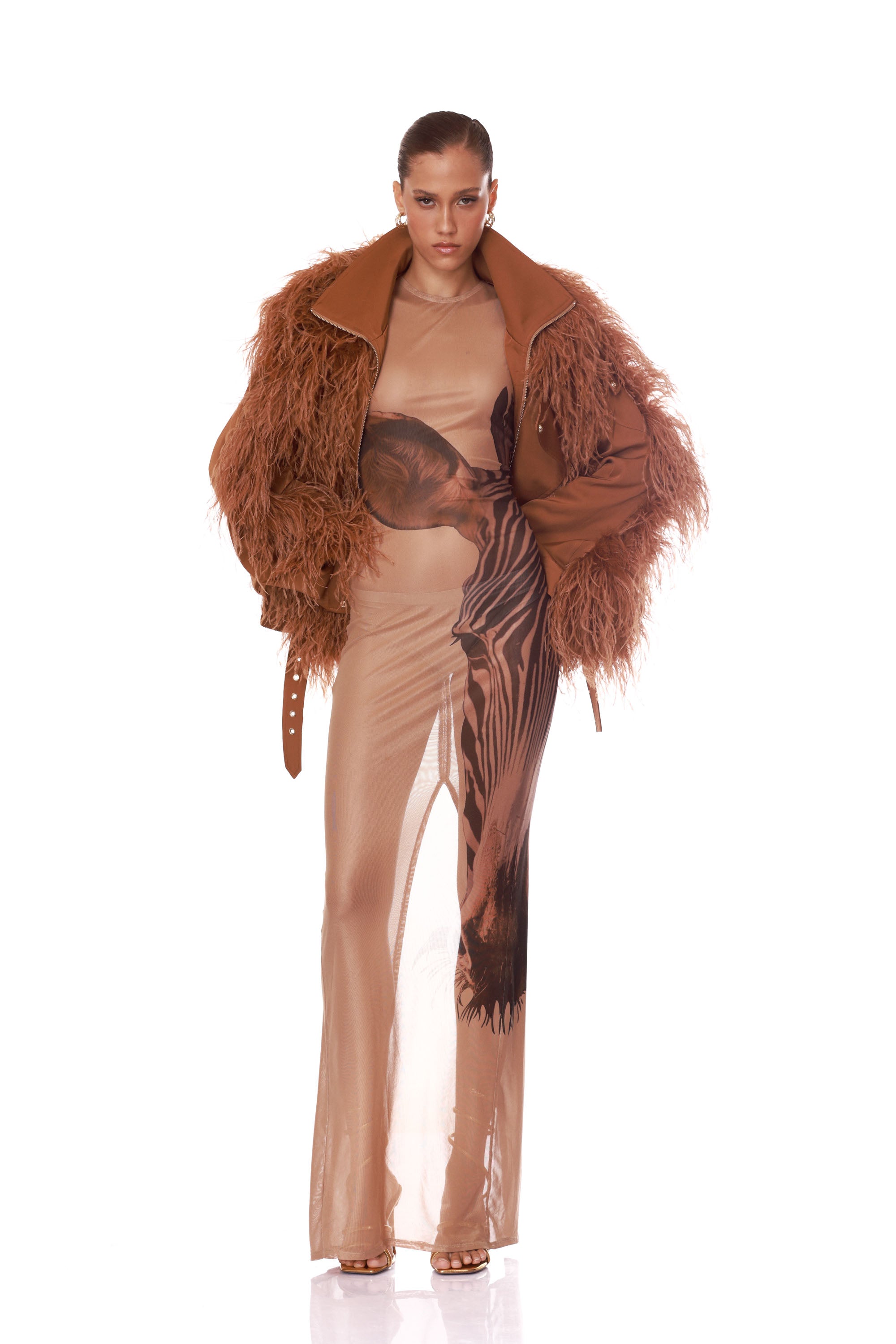 Marlowe Brown Feather Bomber Jacket