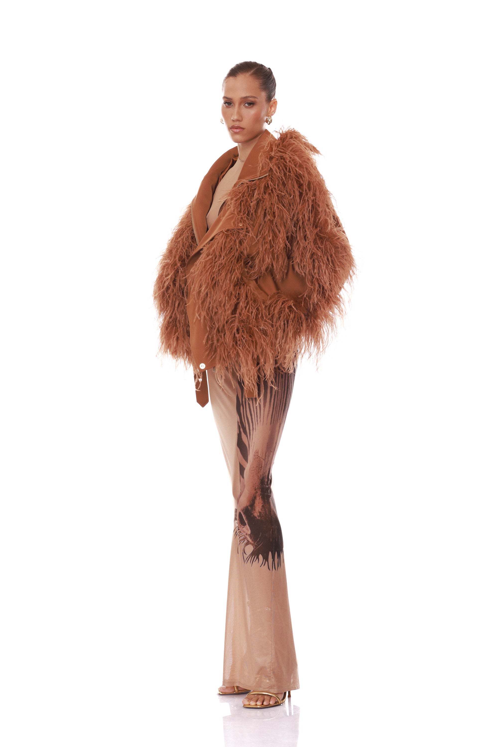 Marlowe Brown Feather Bomber Jacket