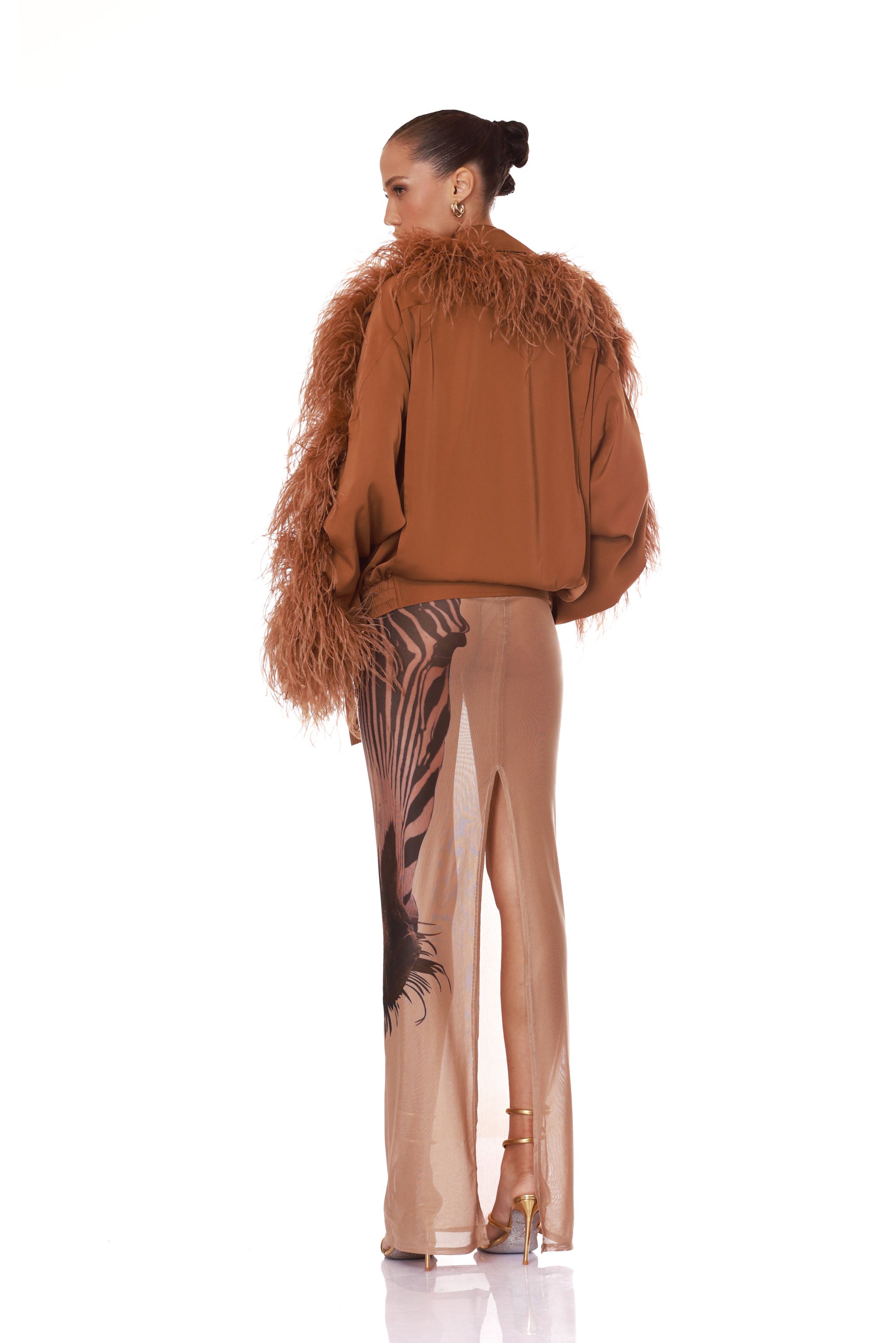 Marlowe Brown Feather Bomber Jacket