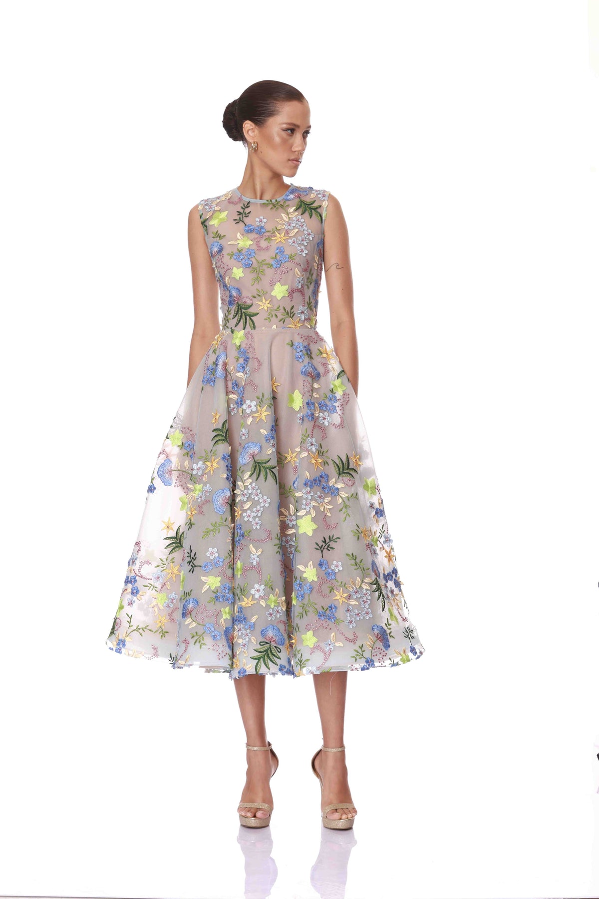 Blossom Saba Embroidered Blue Multi Midi Dress