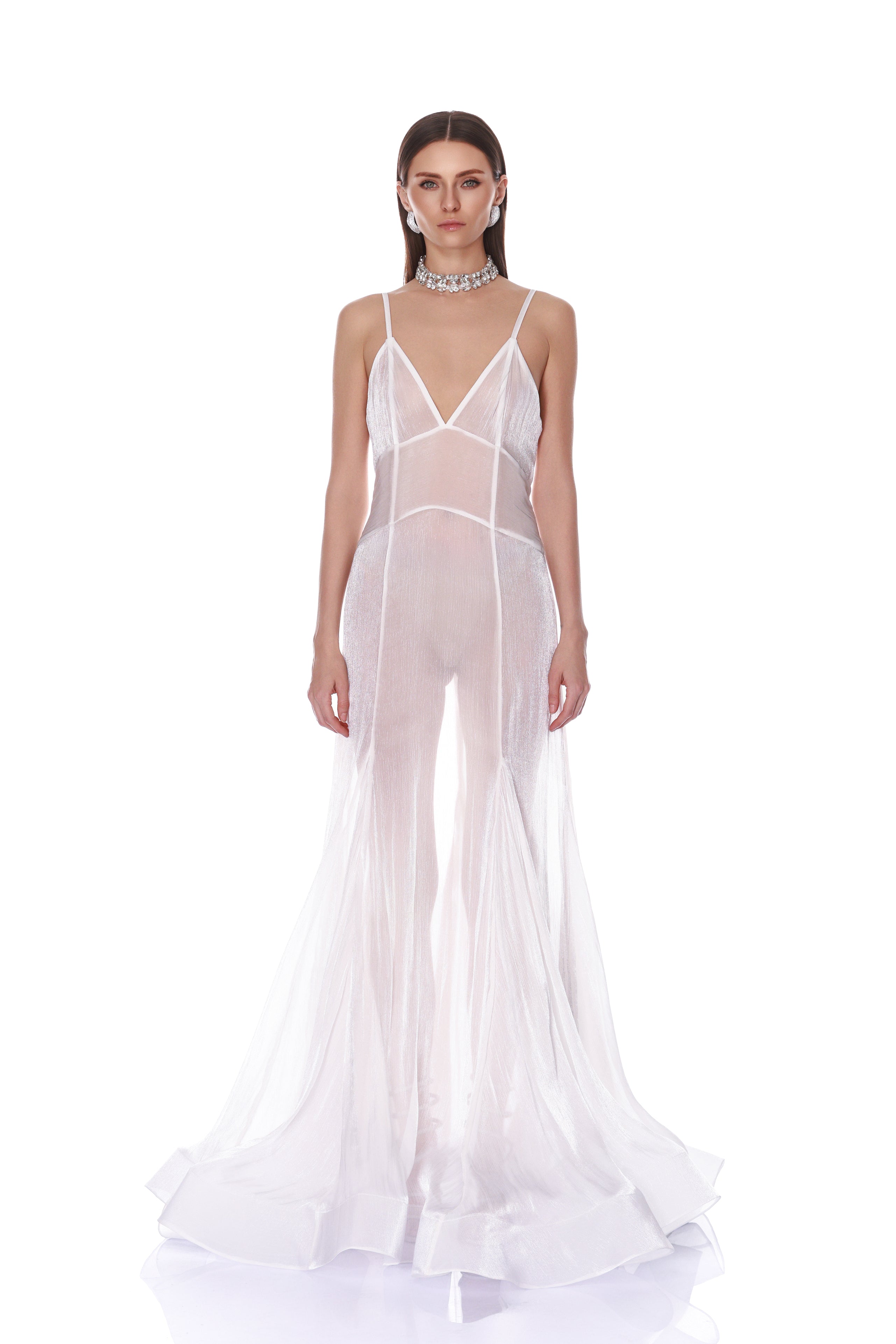 Ashanti Blanc V-Neck Organza Gown