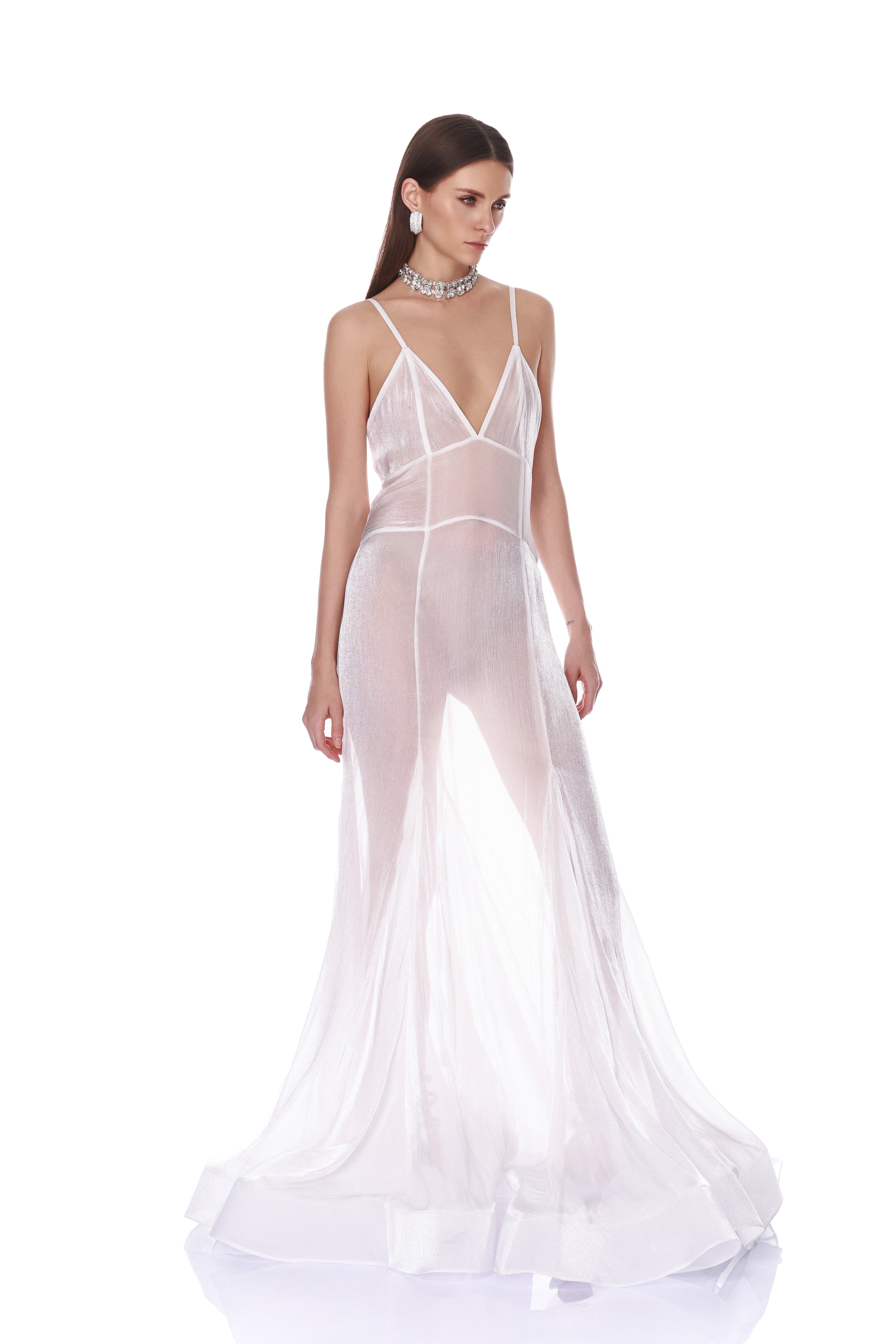Ashanti Blanc V-Neck Organza Gown