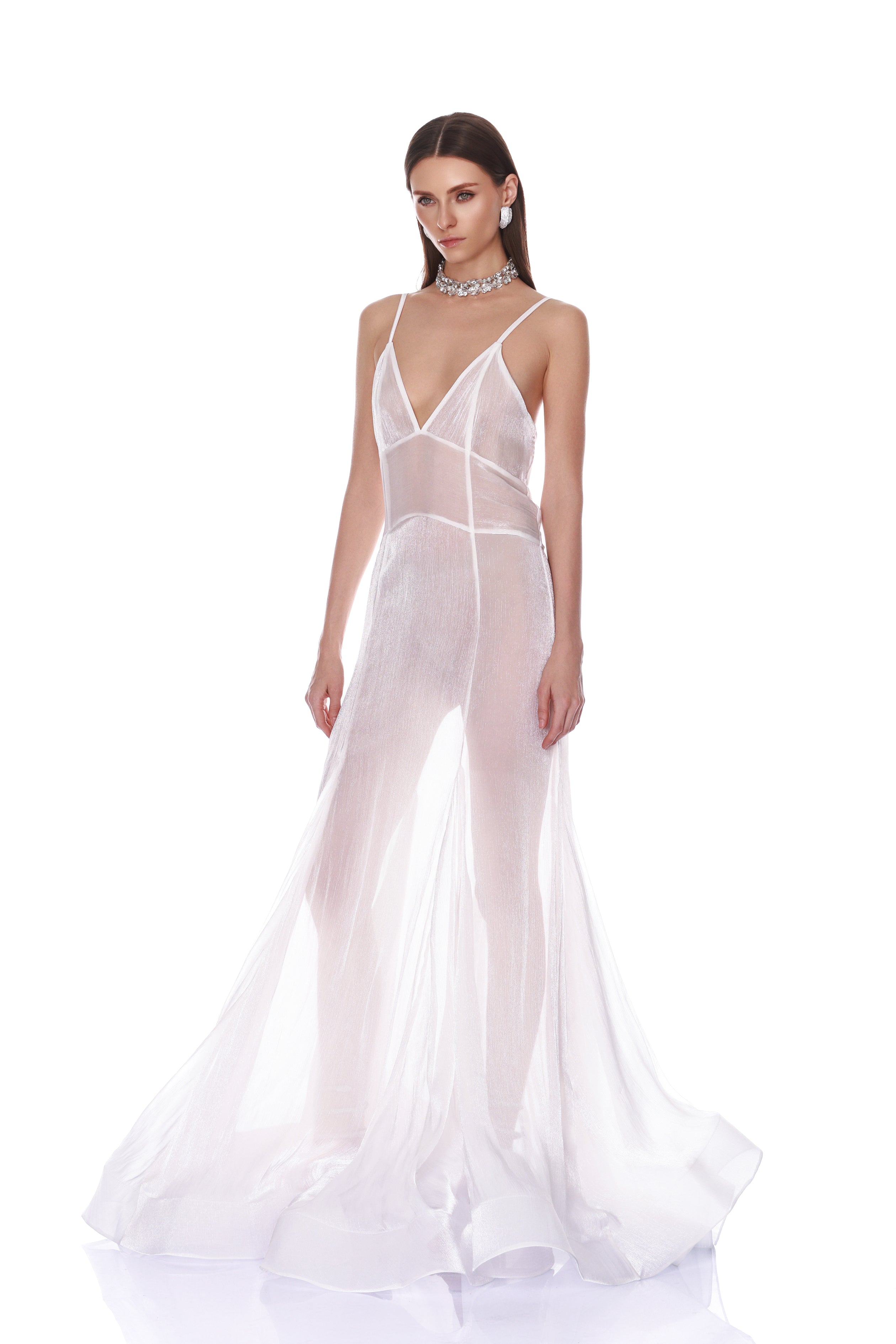 Ashanti Blanc V-Neck Organza Gown