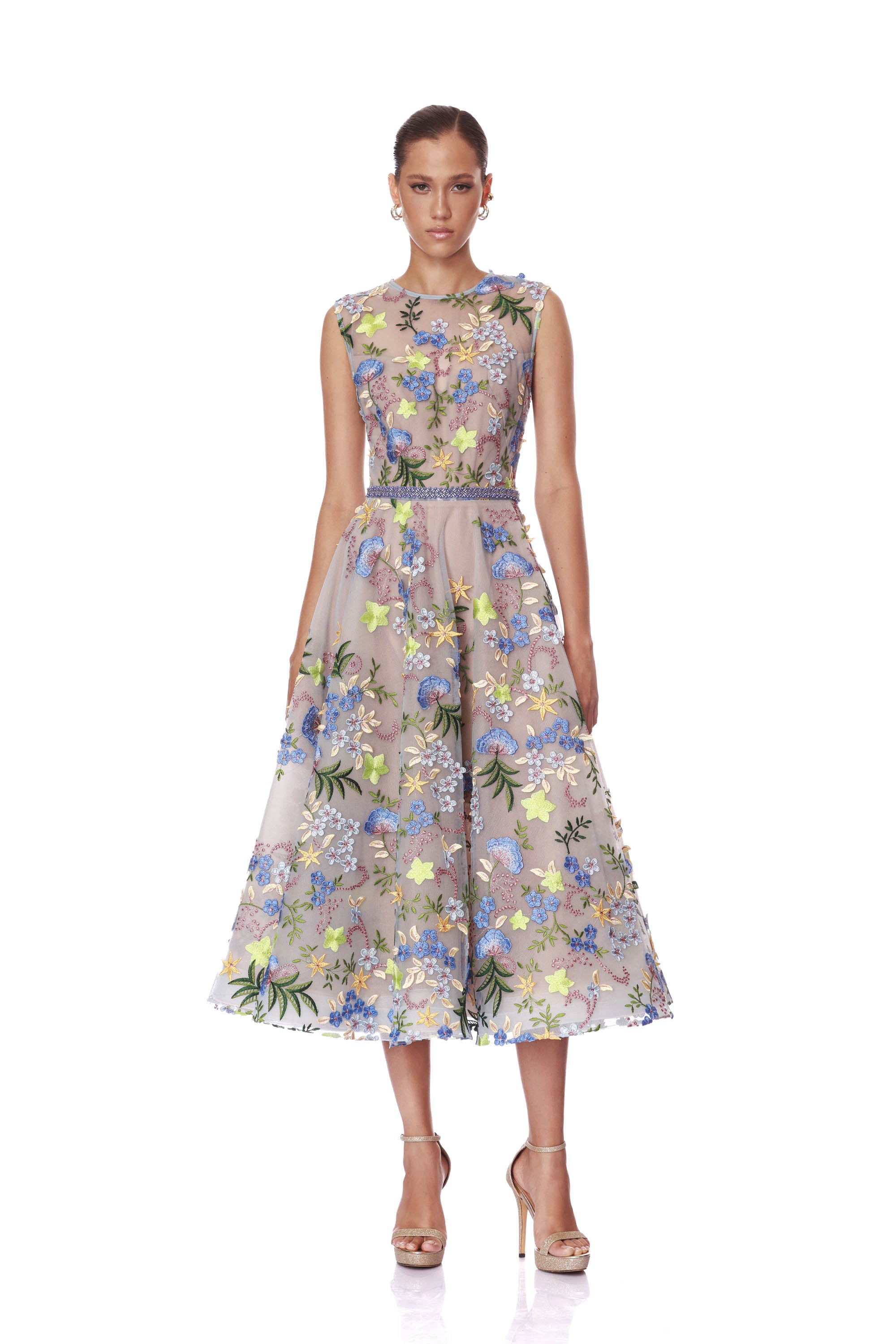 Blossom Saba Embroidered Blue Multi Midi Dress