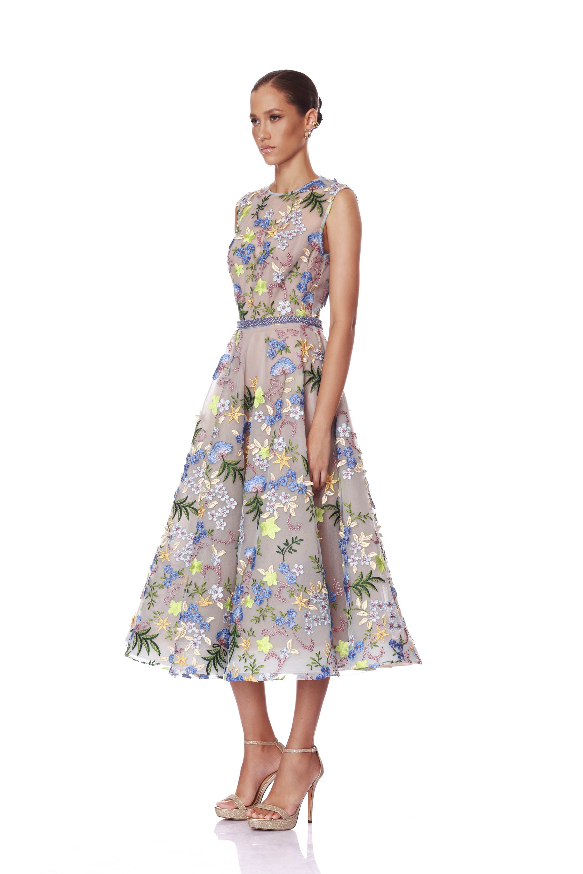 Blossom Saba Embroidered Blue Multi Midi Dress