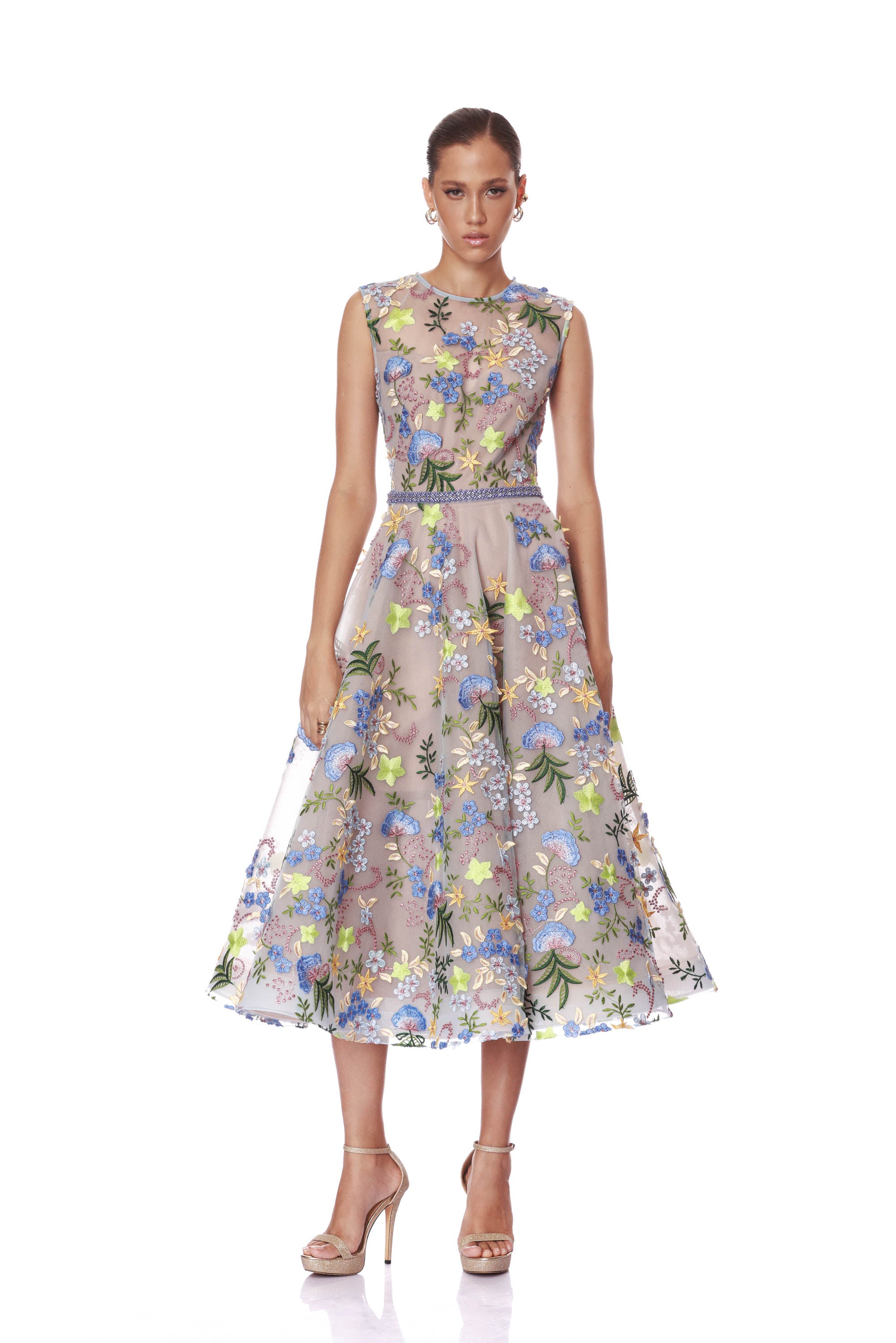 Blossom Saba Embroidered Blue Multi Midi Dress