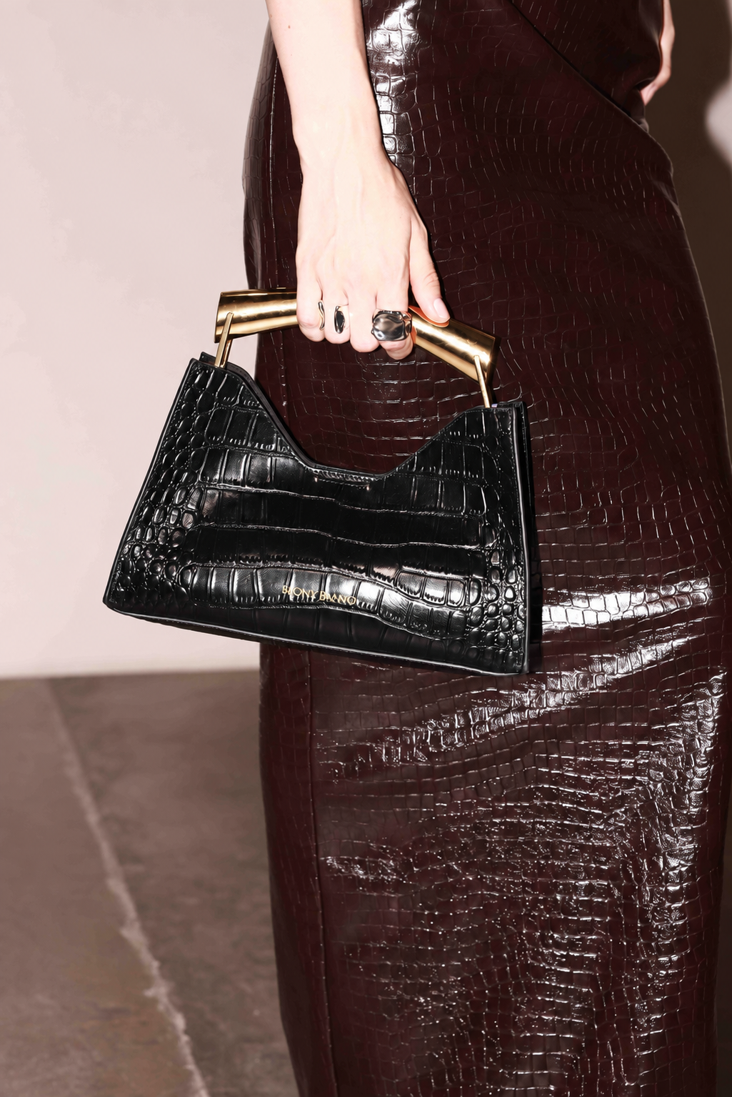 Poline Croc Embossed Mini Bag in Black Leather