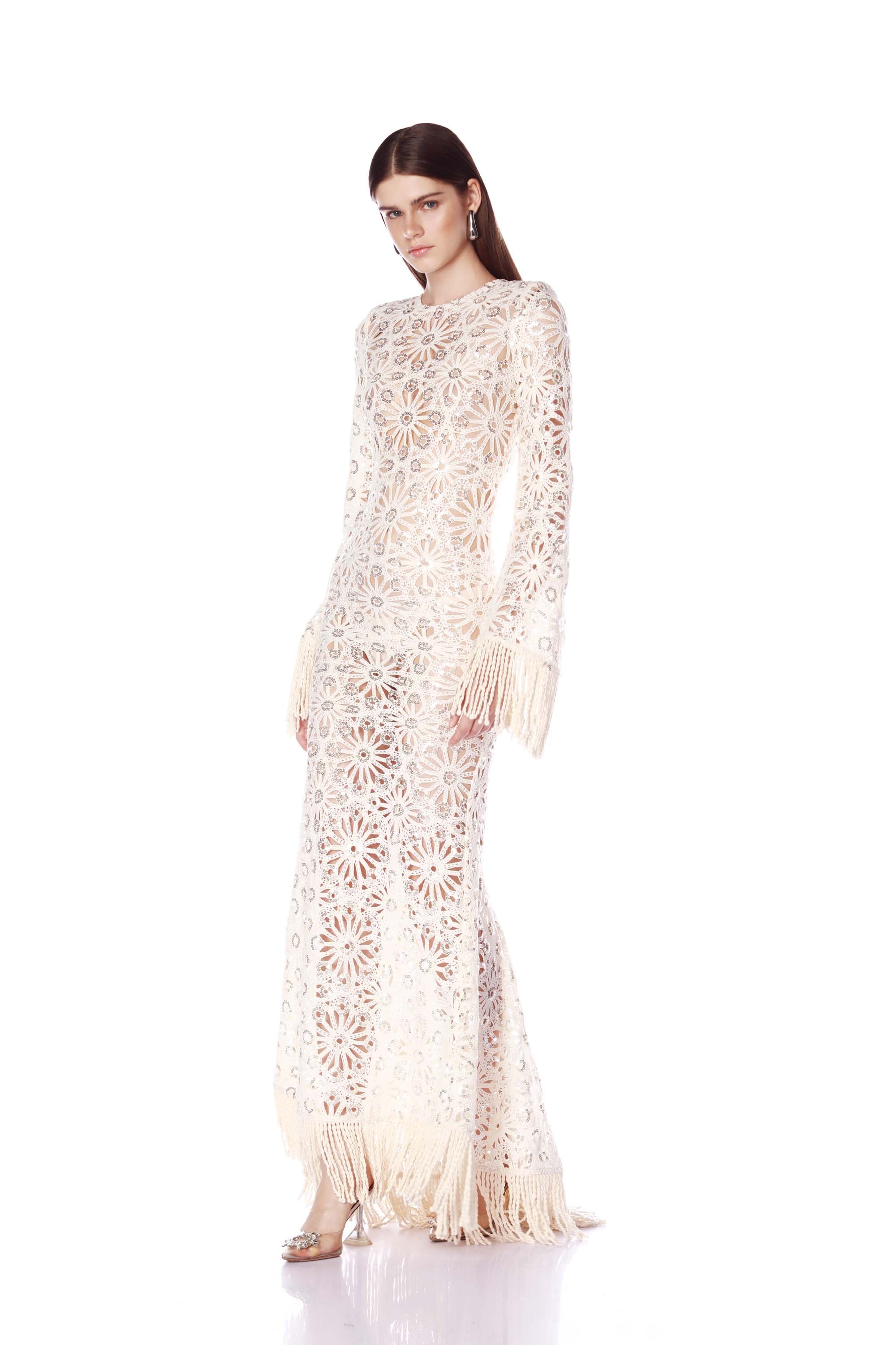 Marley Long Sleeve White Crochet Maxi Dress S