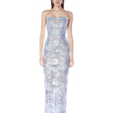 Farah Ocean Blue Sequin Multi Strapless Maxi Dress