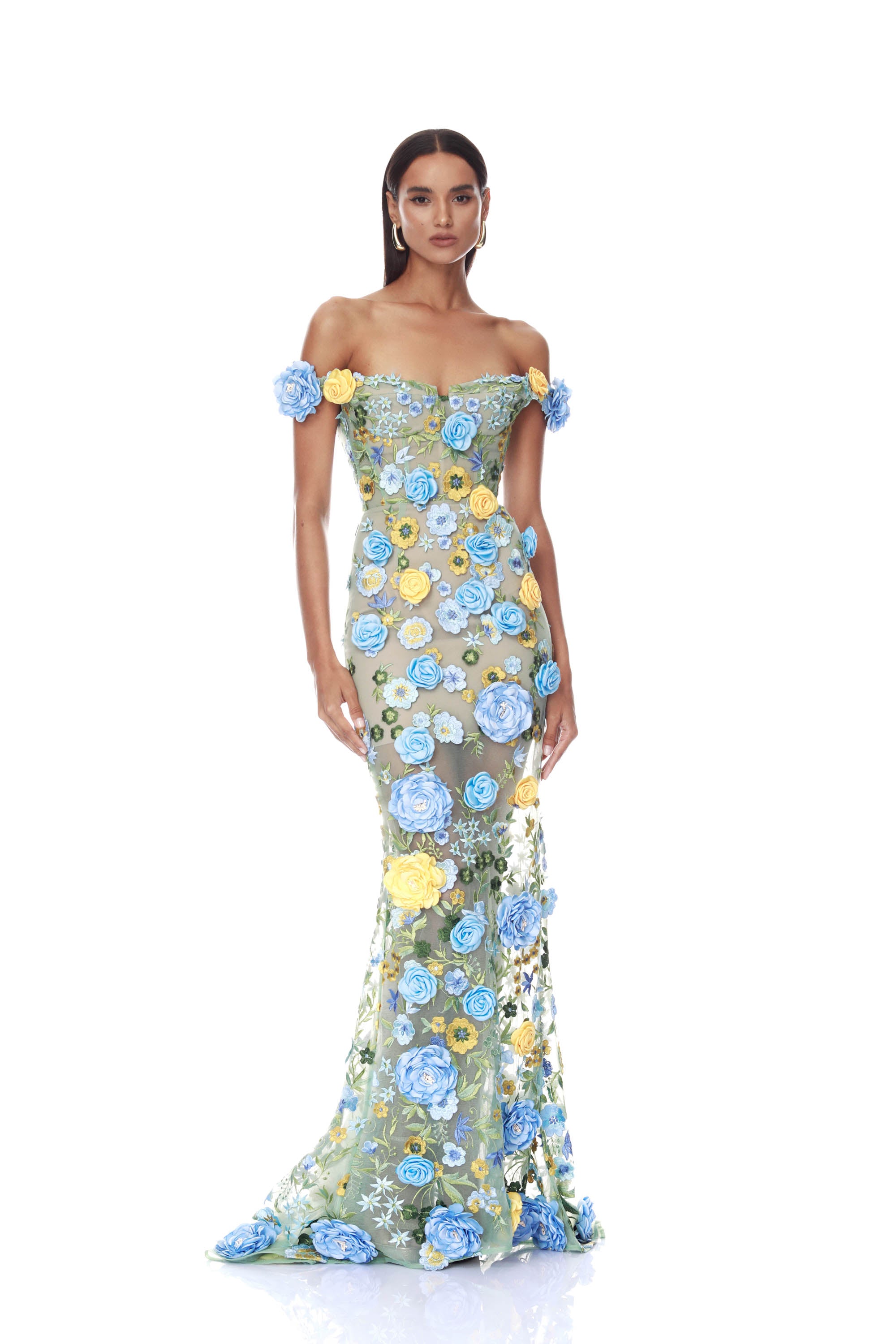 Portofino Floral Jasmine Off the Shoulder Blue Multi Gown