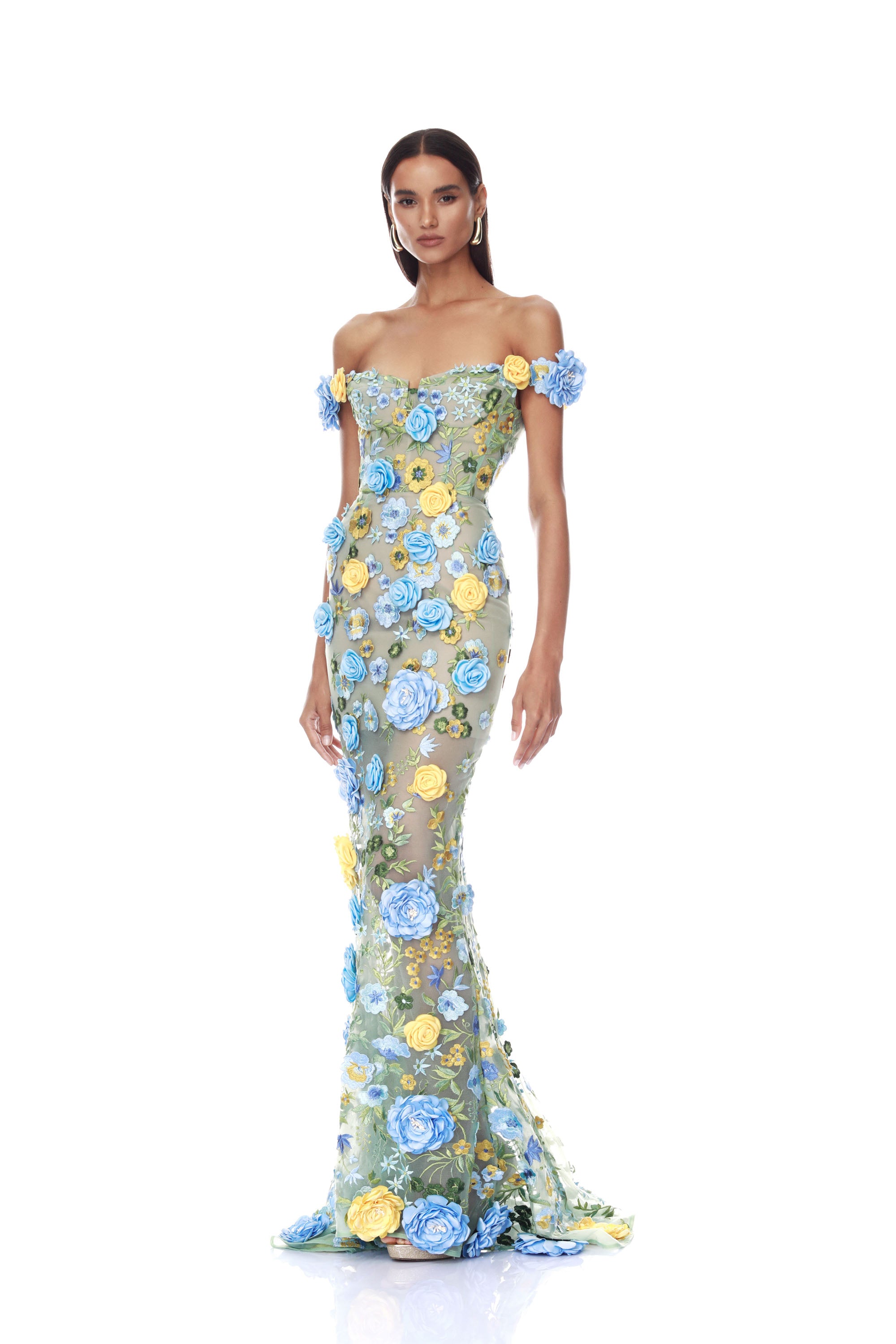 Portofino Floral Jasmine Off the Shoulder Blue Multi Gown