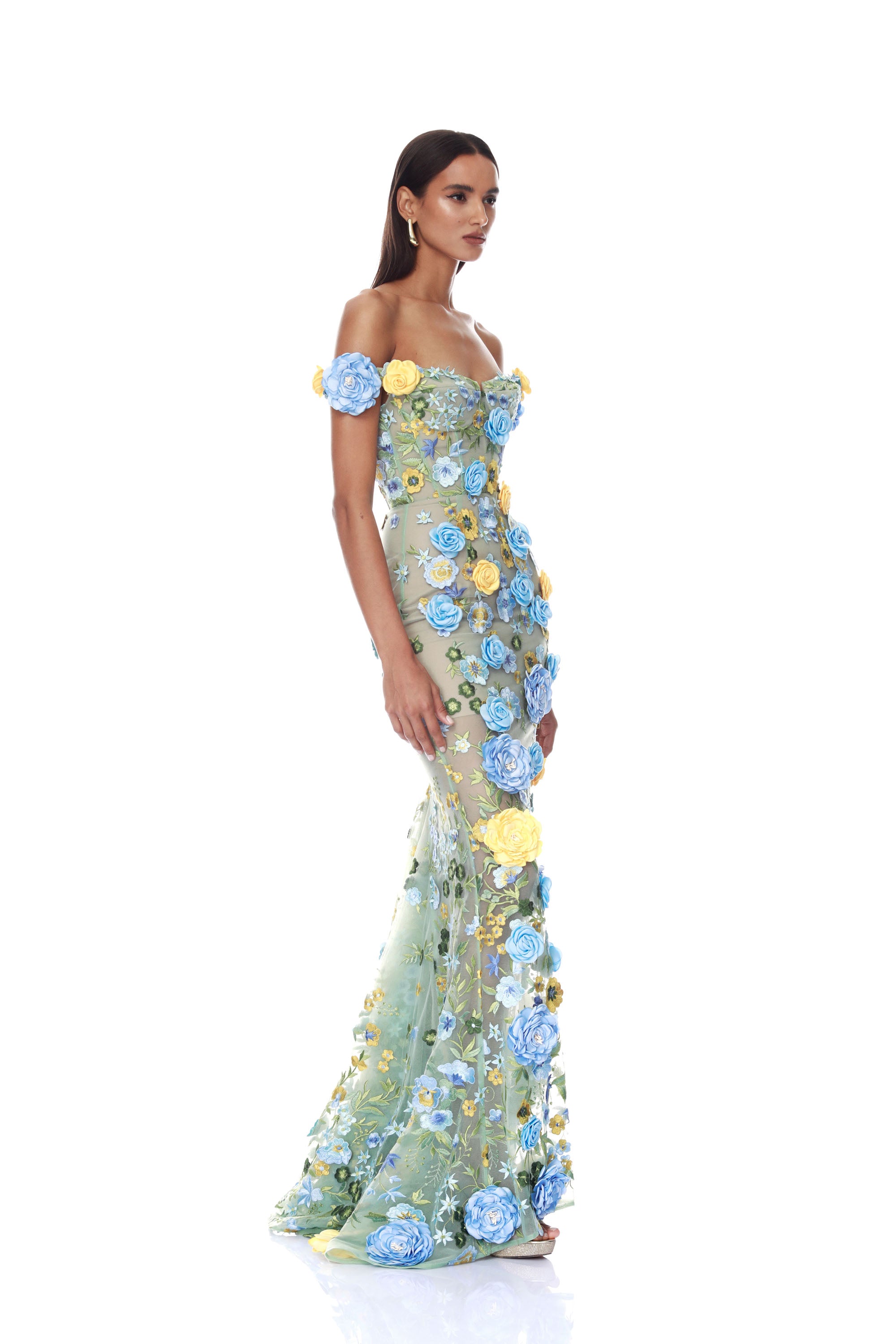 Portofino Floral Jasmine Off the Shoulder Blue Multi Gown