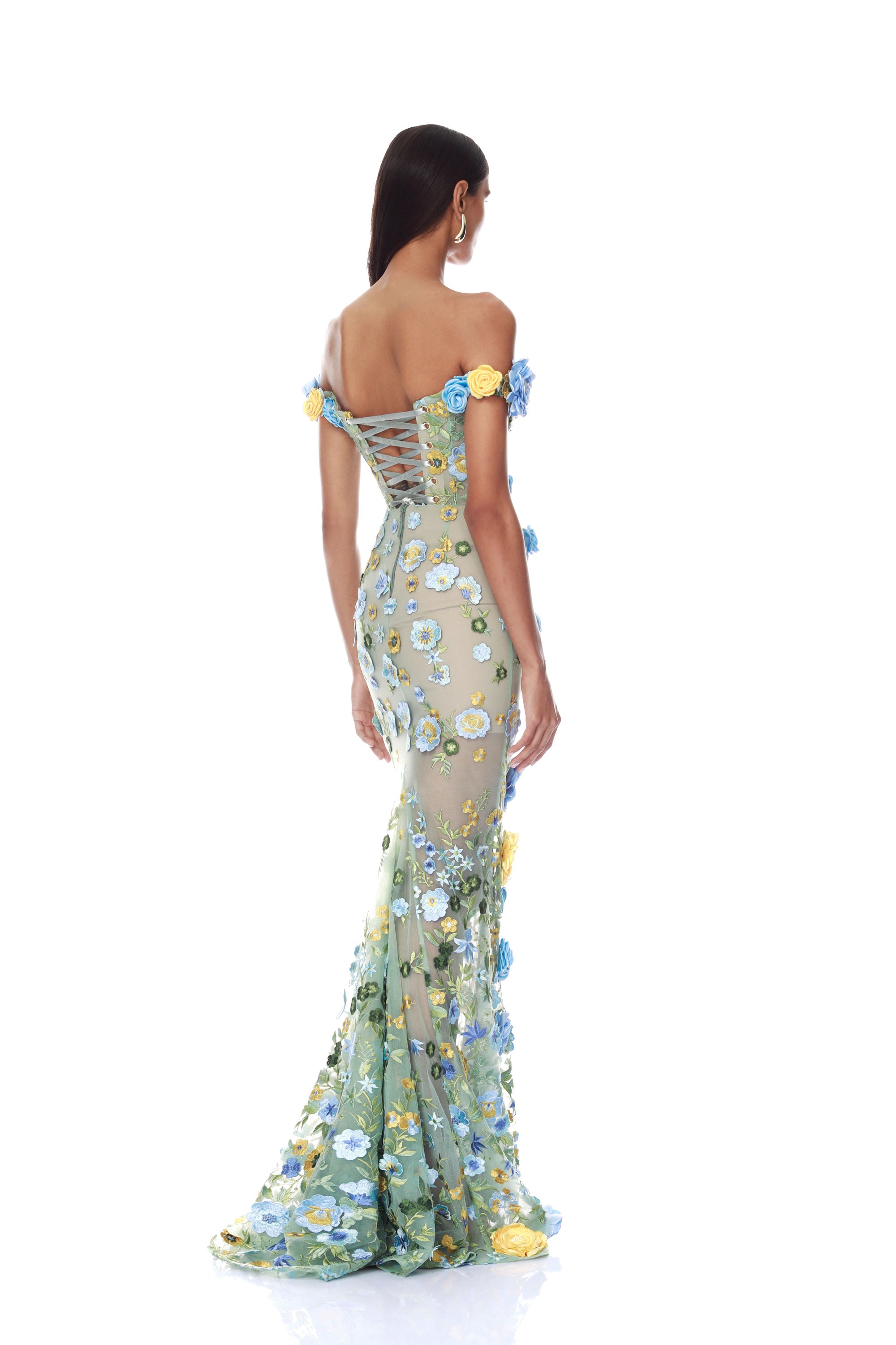Portofino Floral Jasmine Off the Shoulder Blue Multi Gown