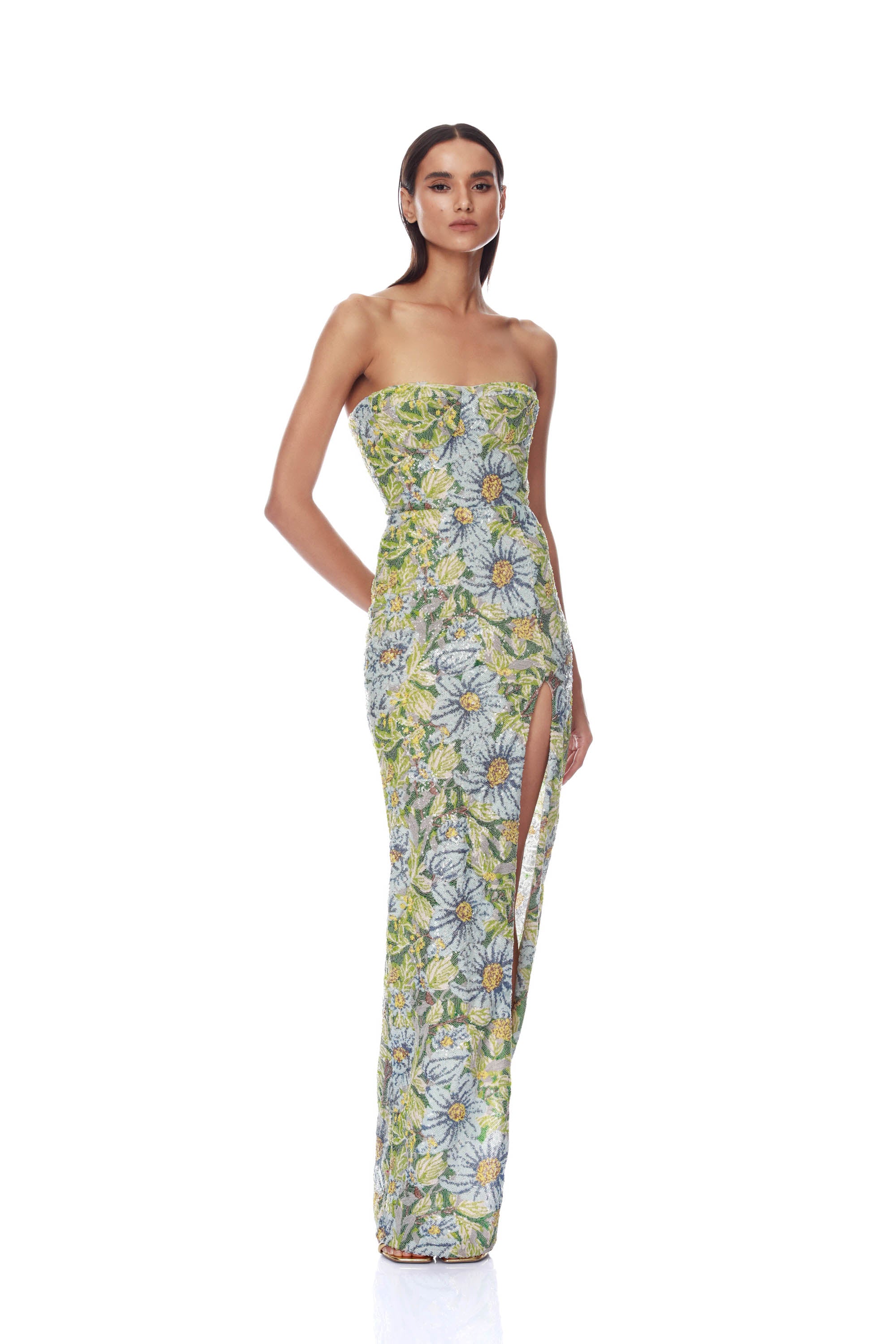 Valentina Paillette Yellow Multi Veronica Maxi Dress