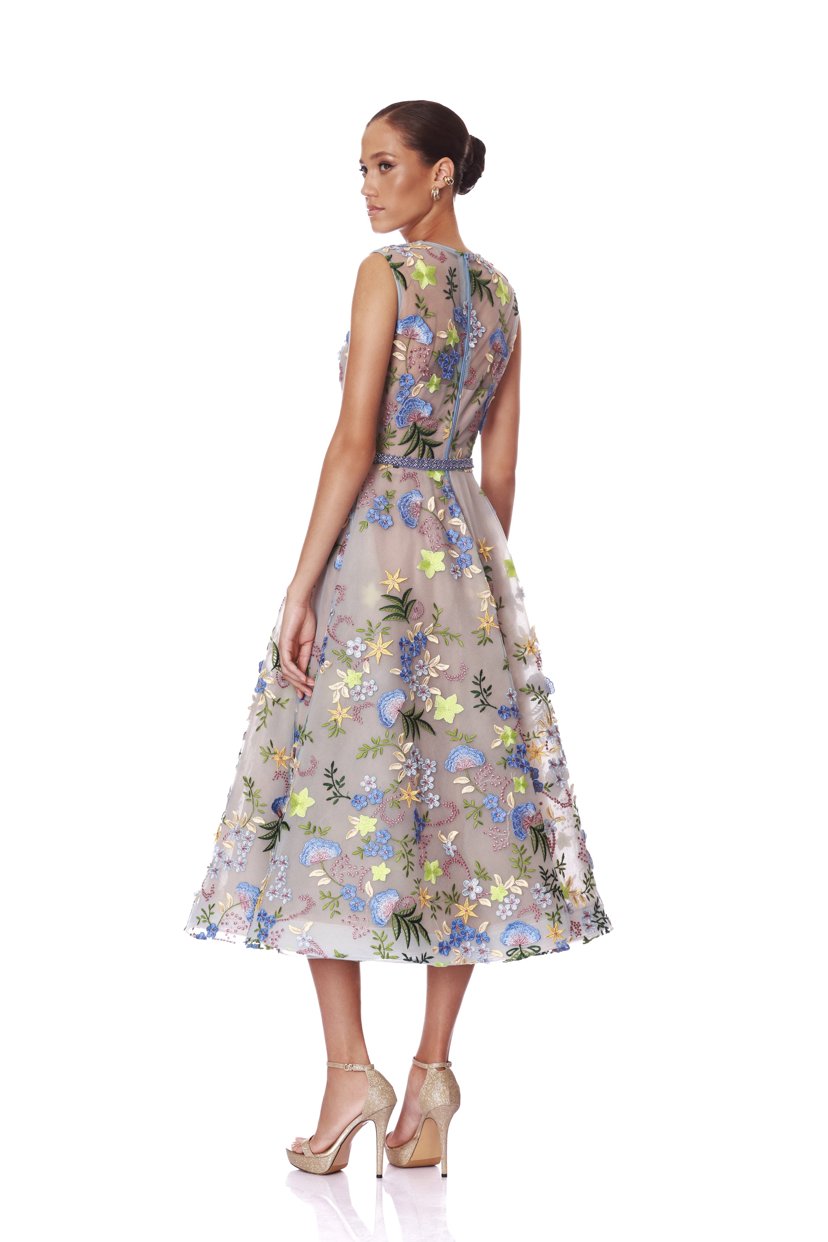 knee length dresses for ladies Blossom Saba Embroidered Blue Belted Multi Midi Dress