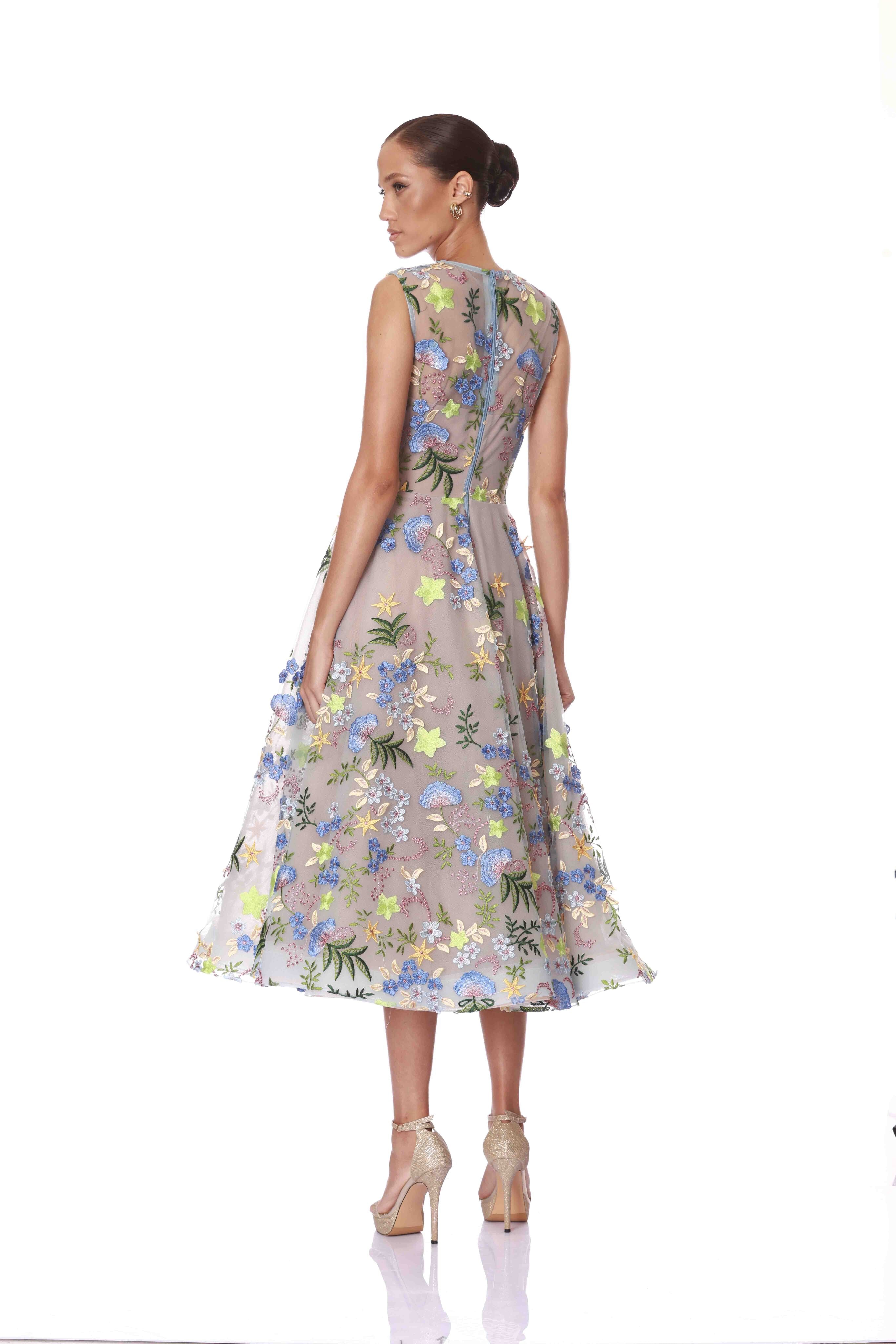 Blossom Saba Embroidered Blue Multi Midi Dress