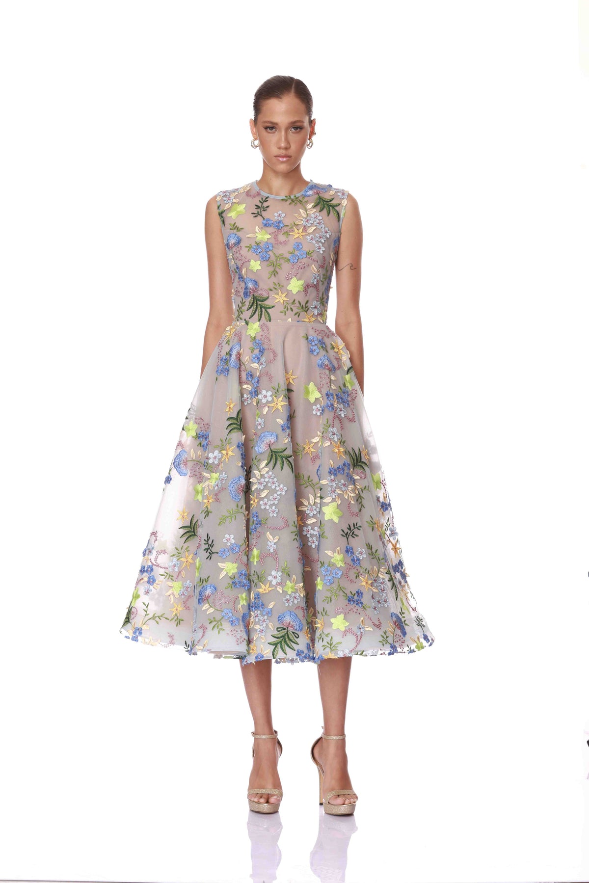 Blossom Saba Embroidered Blue Multi Midi Dress