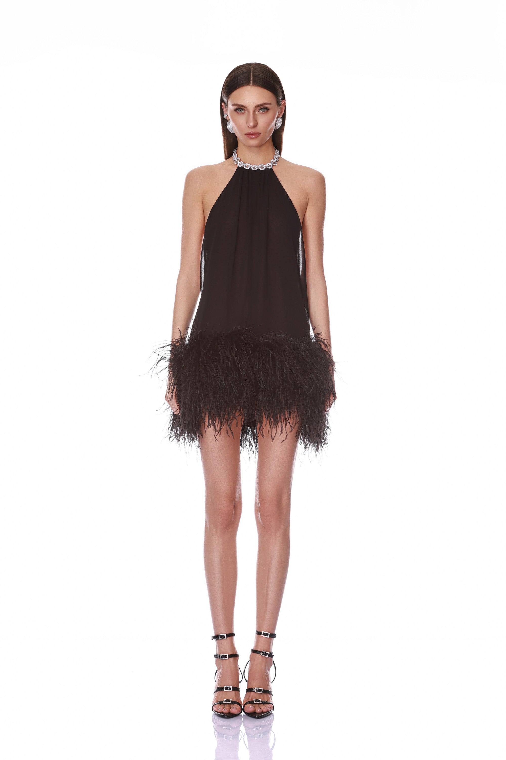 Halter Neck Mini Dress with Feather Trim Front