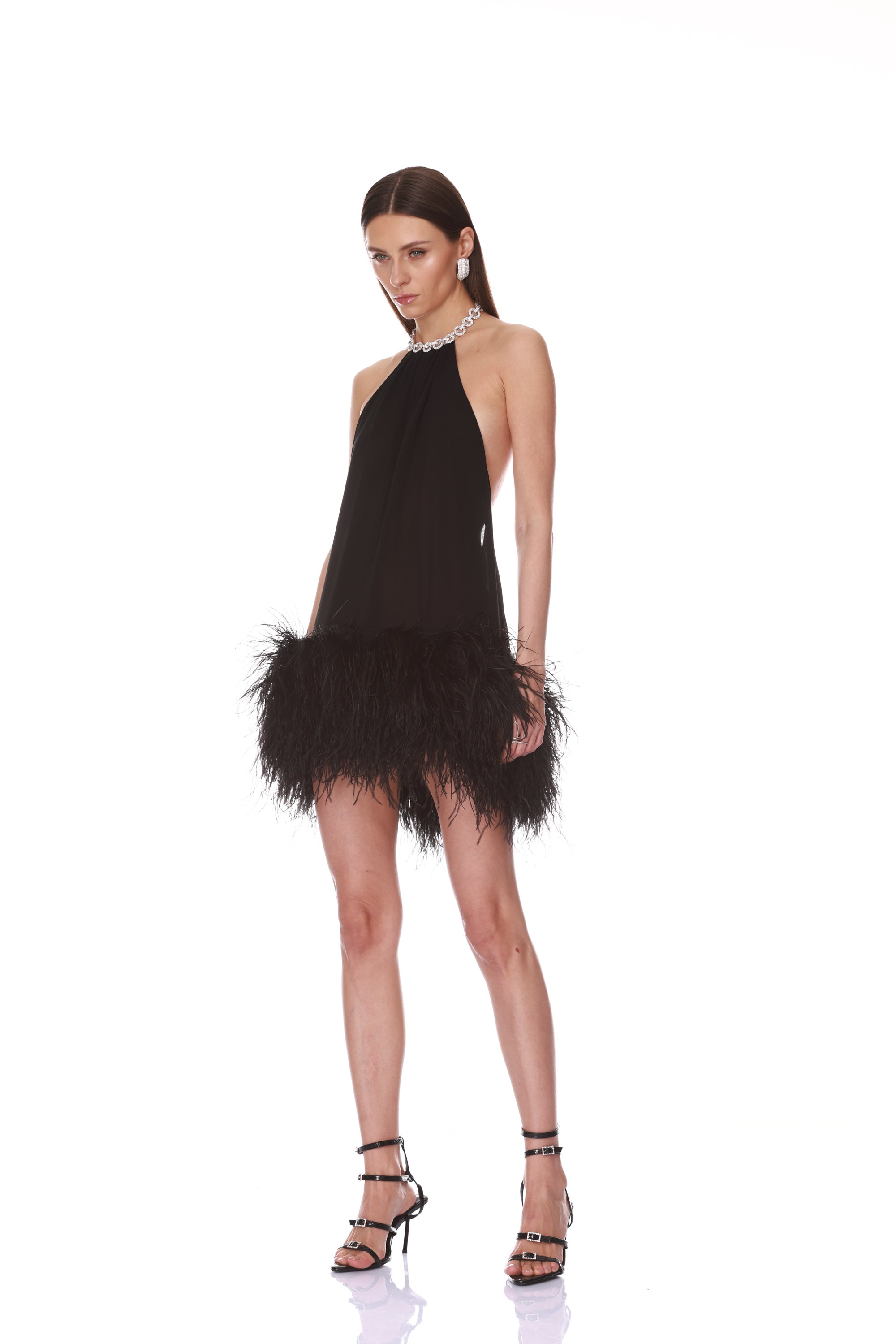 Halter Neck Mini Dress with Feather Trim Side