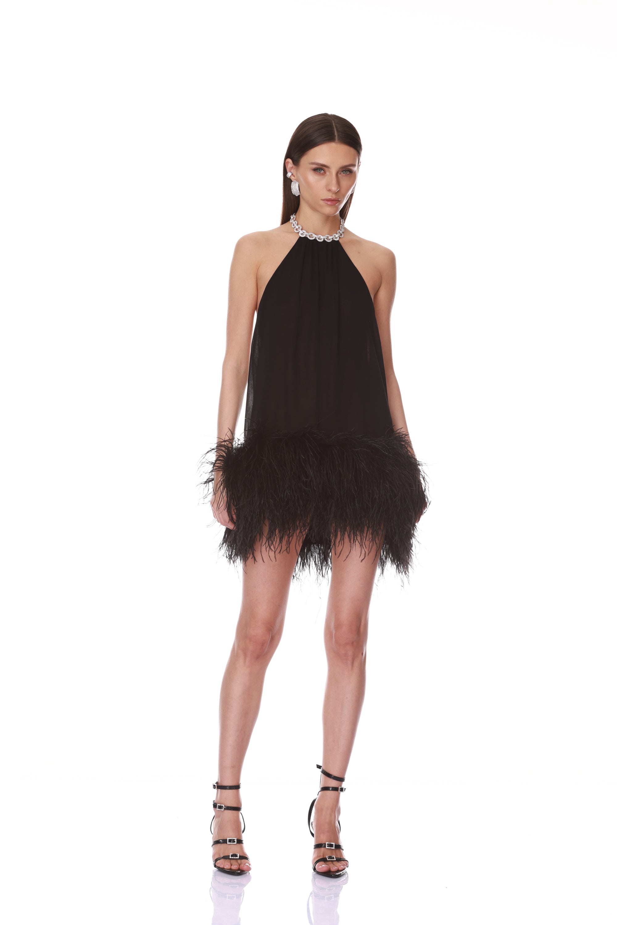 Halter Neck Mini Dress with Feather Trim Posed