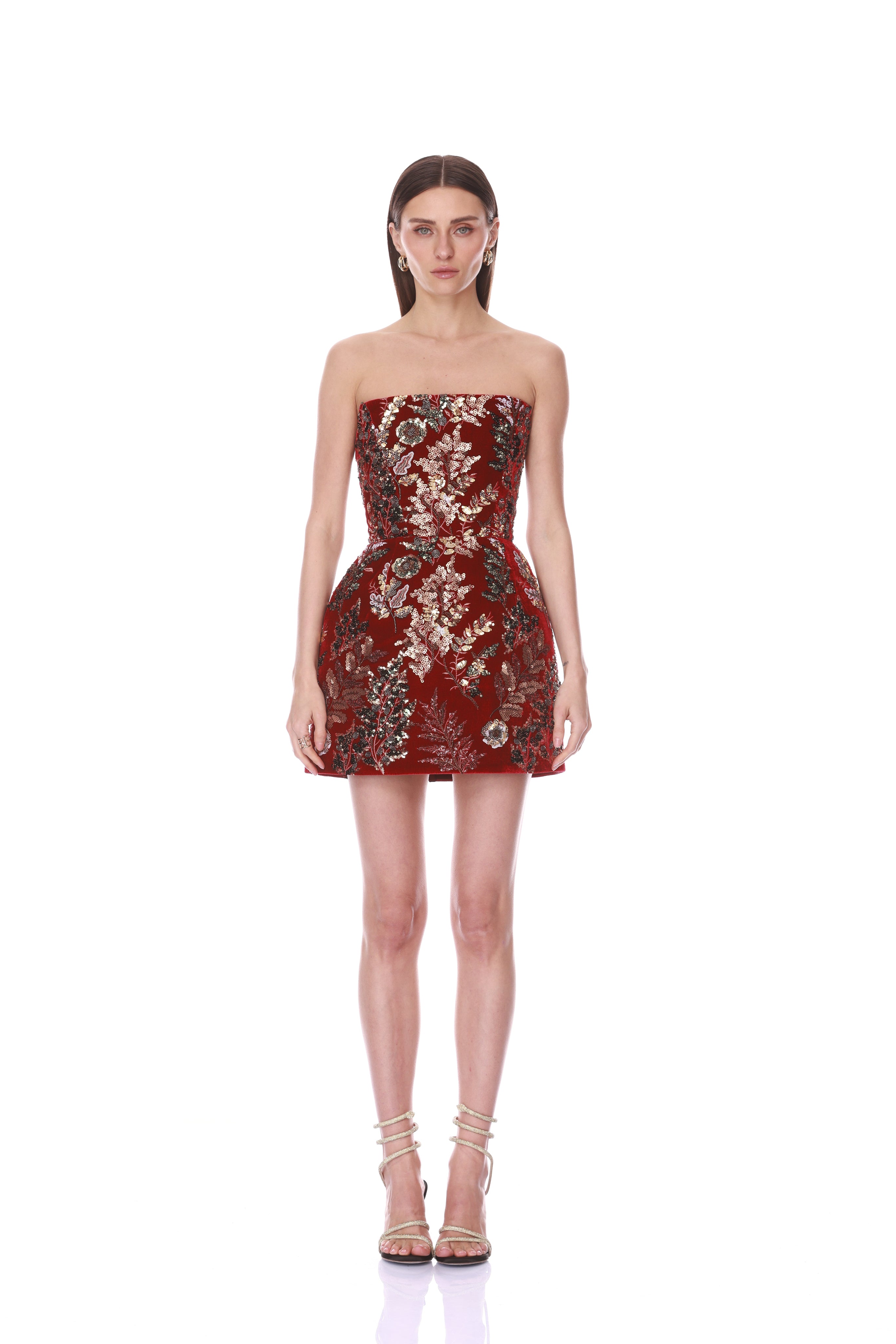 Strapless Velvet Embroidered Mini Dress