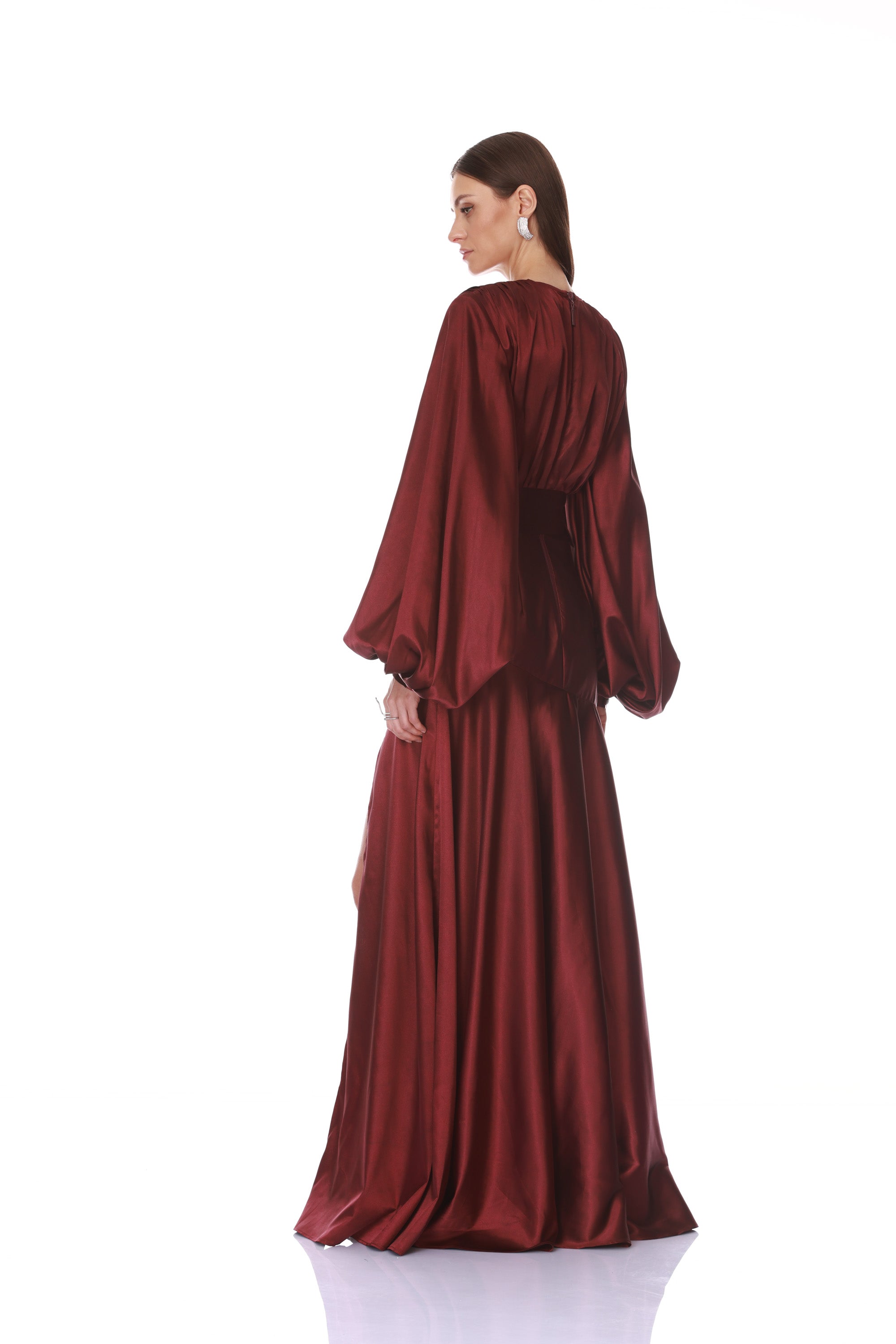 Maroon satin dress on a white background