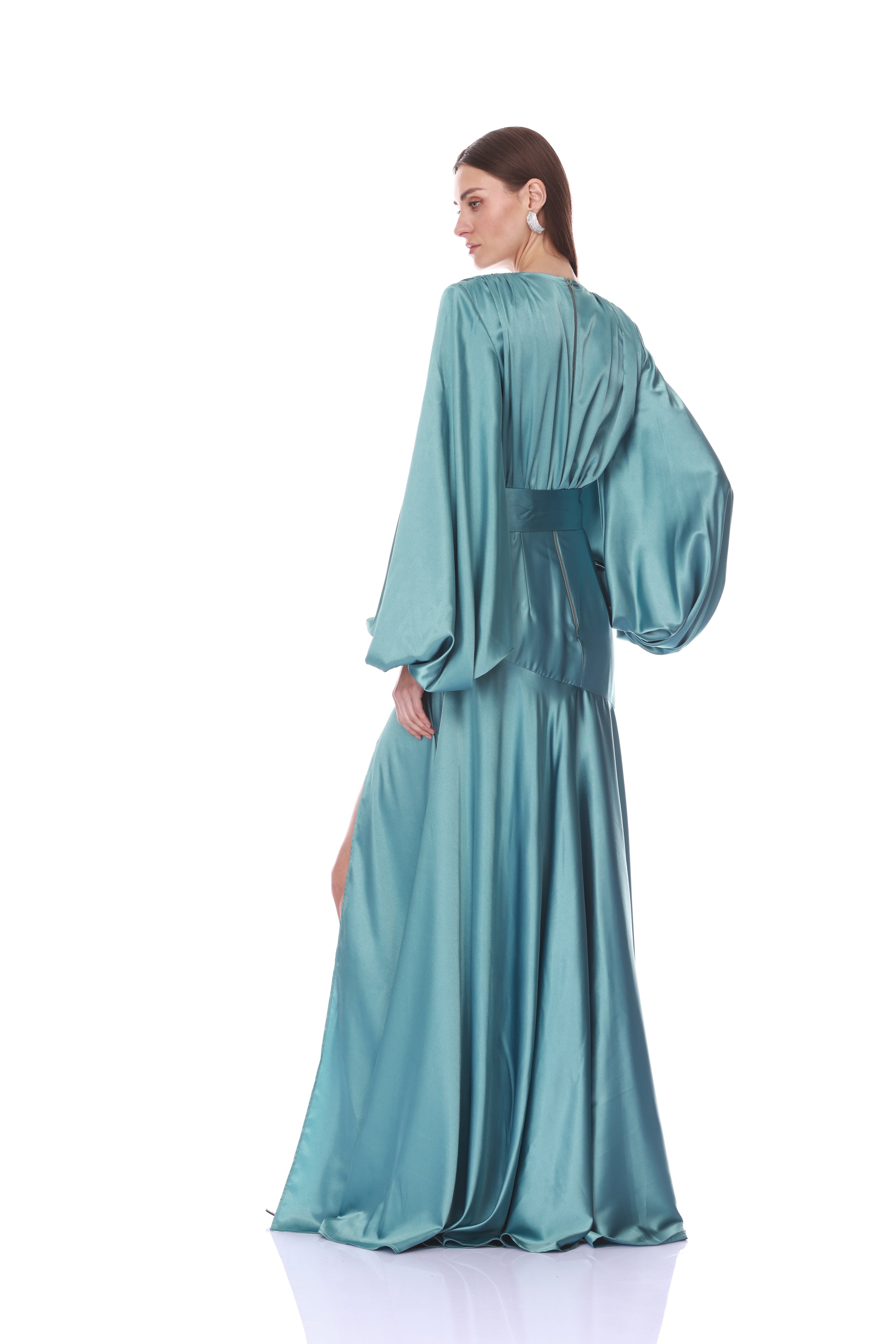 Long Sleeve V-Neck Turquoise Gown Back