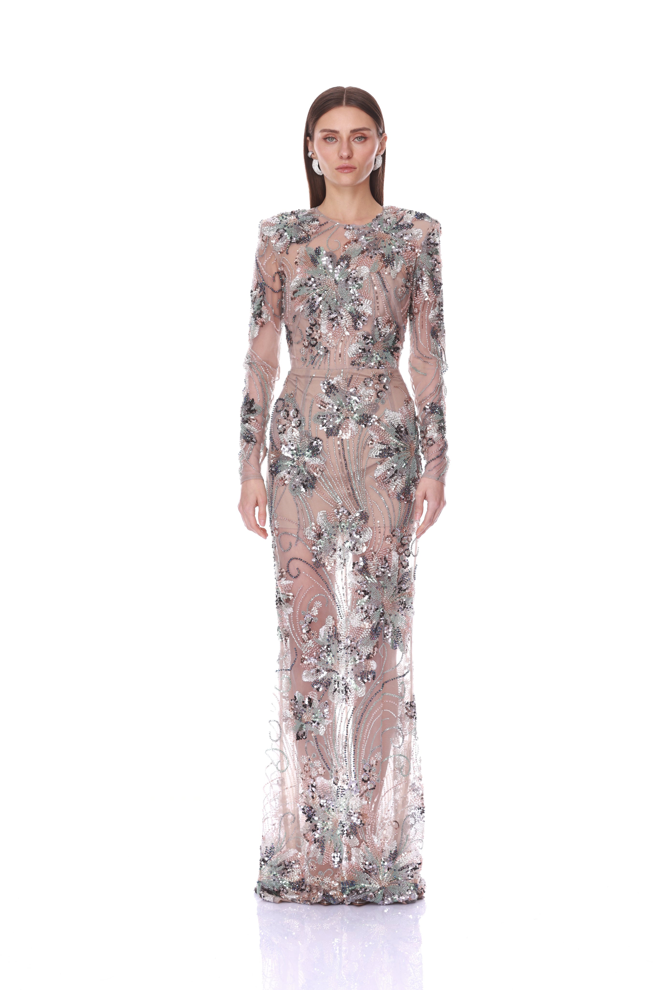 Long Sleeve Embellished Blue Multi Gown Front