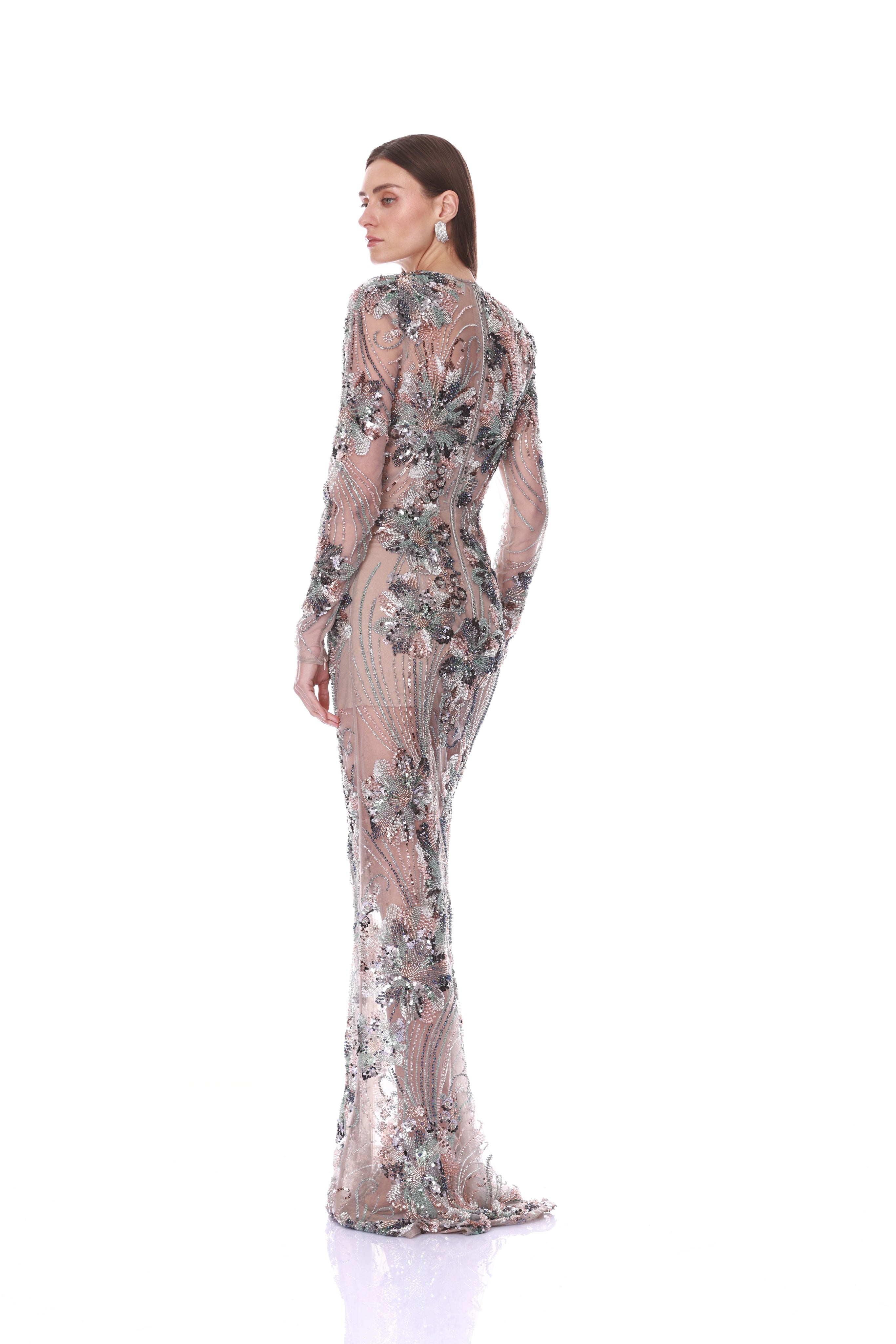 Long Sleeve Embellished Blue Multi Gown Back