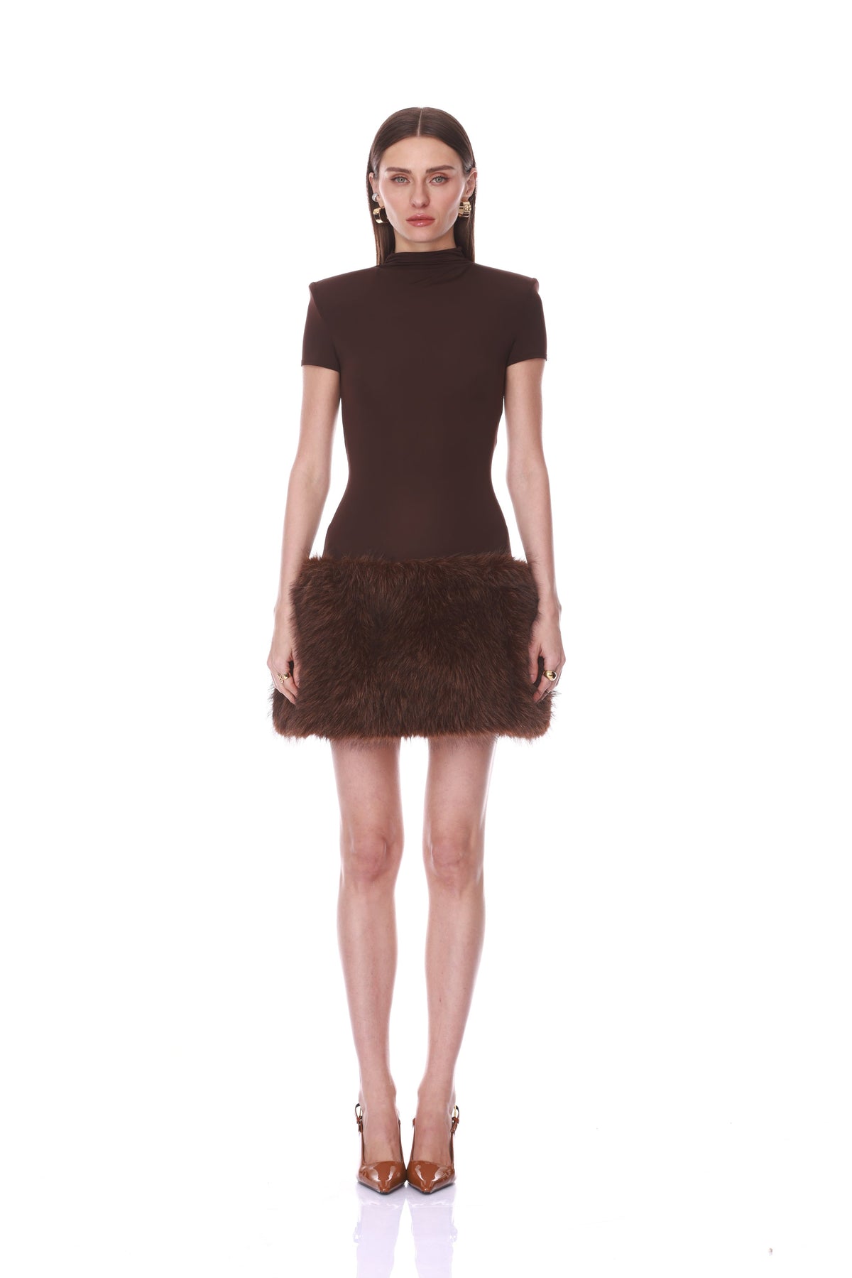 Short Sleeve Mini Dress with Faux Fur Trim