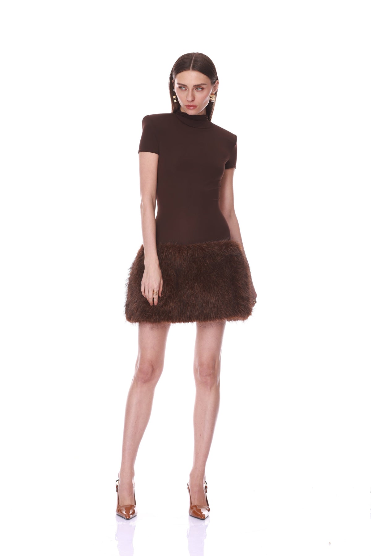 Short Sleeve Mini Dress with Faux Fur Trim