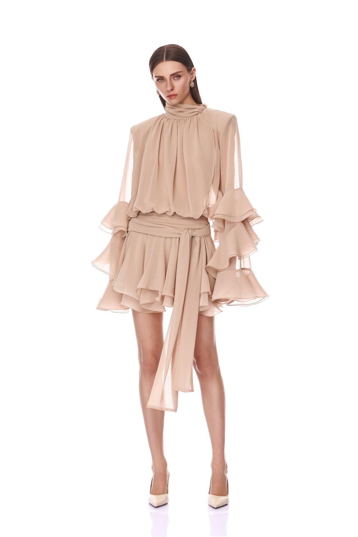 Chiffon Long Sleeve Mini Dress Posed