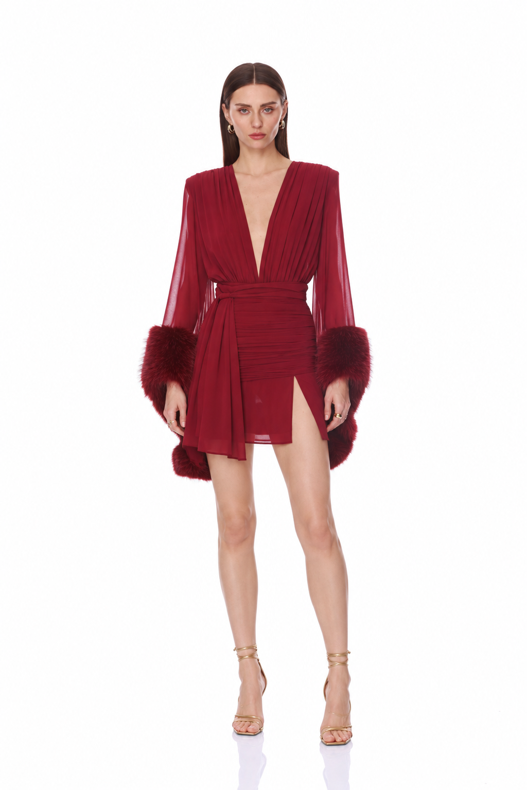 Chiffon & Faux Fur Long Sleeve V-Neck Burgundy Mini Dress