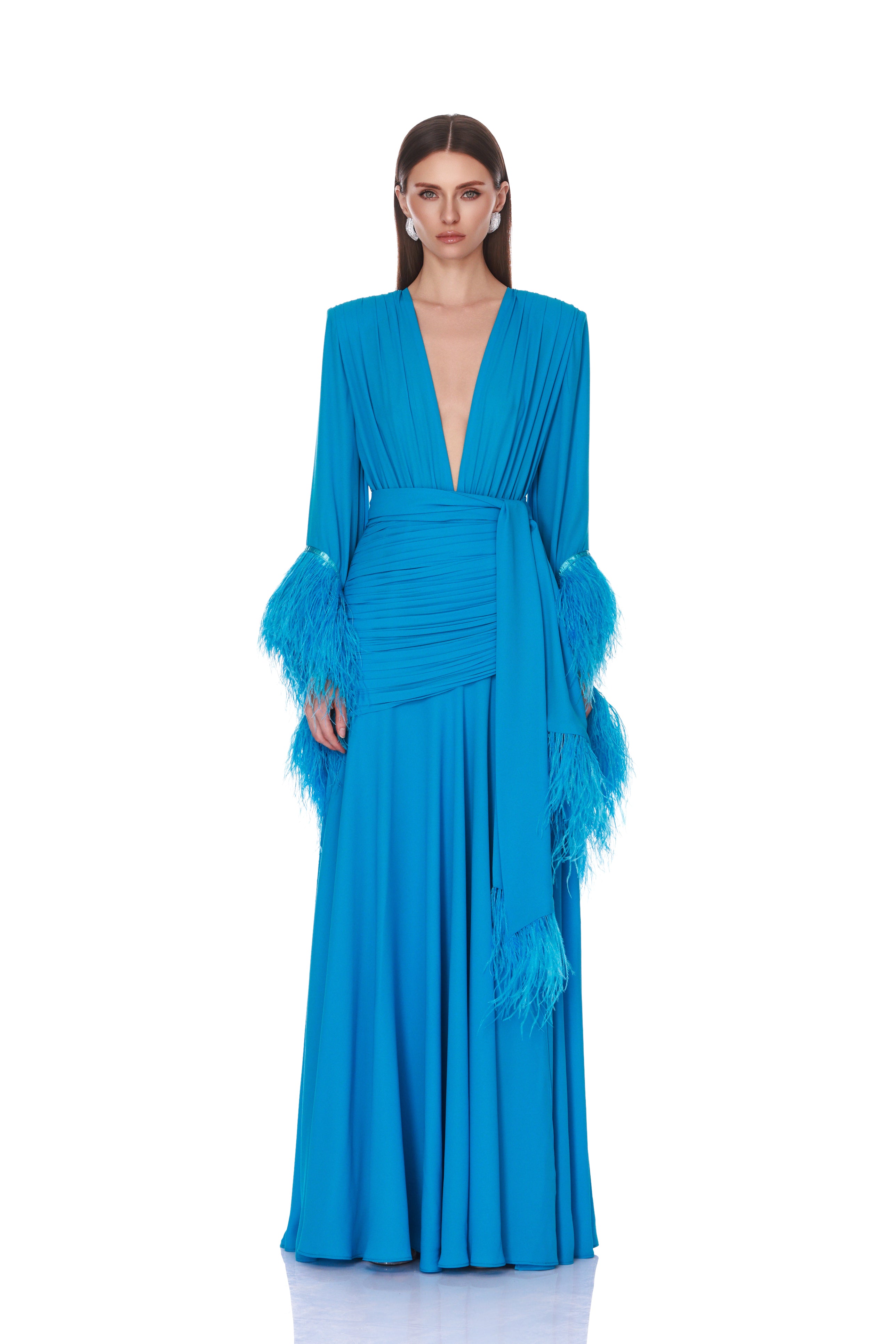 Bronx and Banco Women's Geisha Plunge Feather-Cuff Gown - Teal