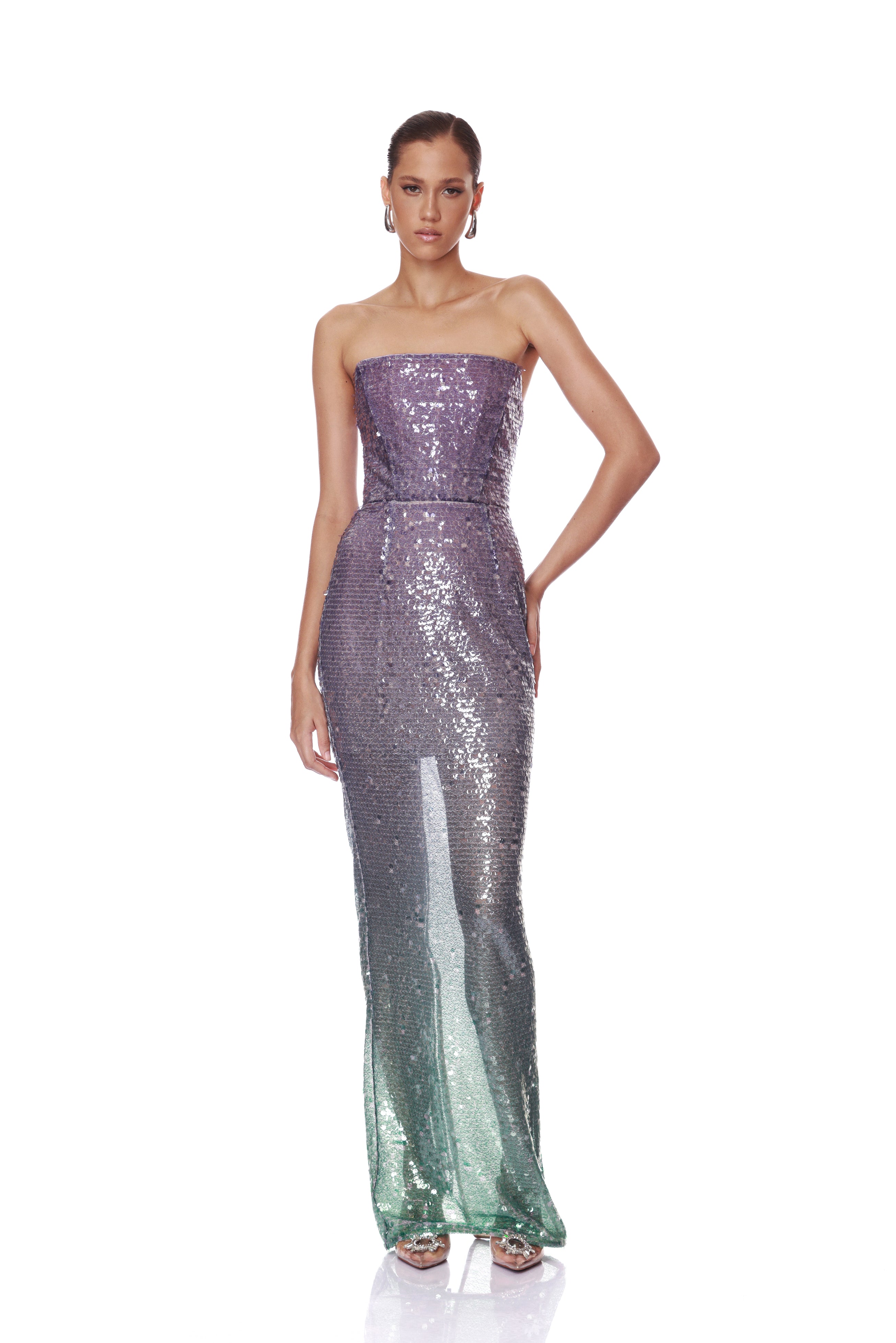 Ibiza Ombre Farah Strapless Purple Maxi Dress Posed