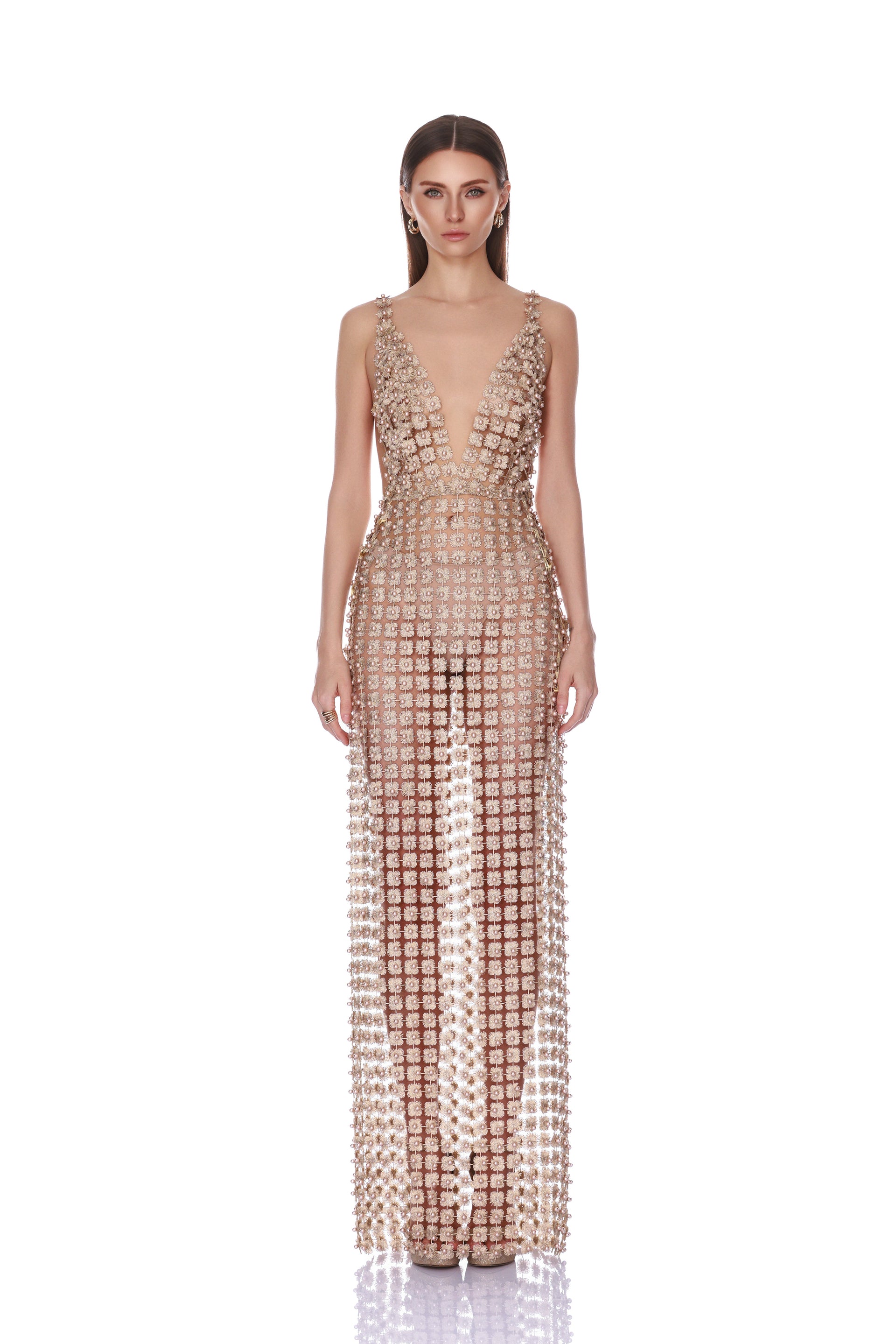 embellished bandeau maxi dress in almond Nomad Embellished Maxi Dress