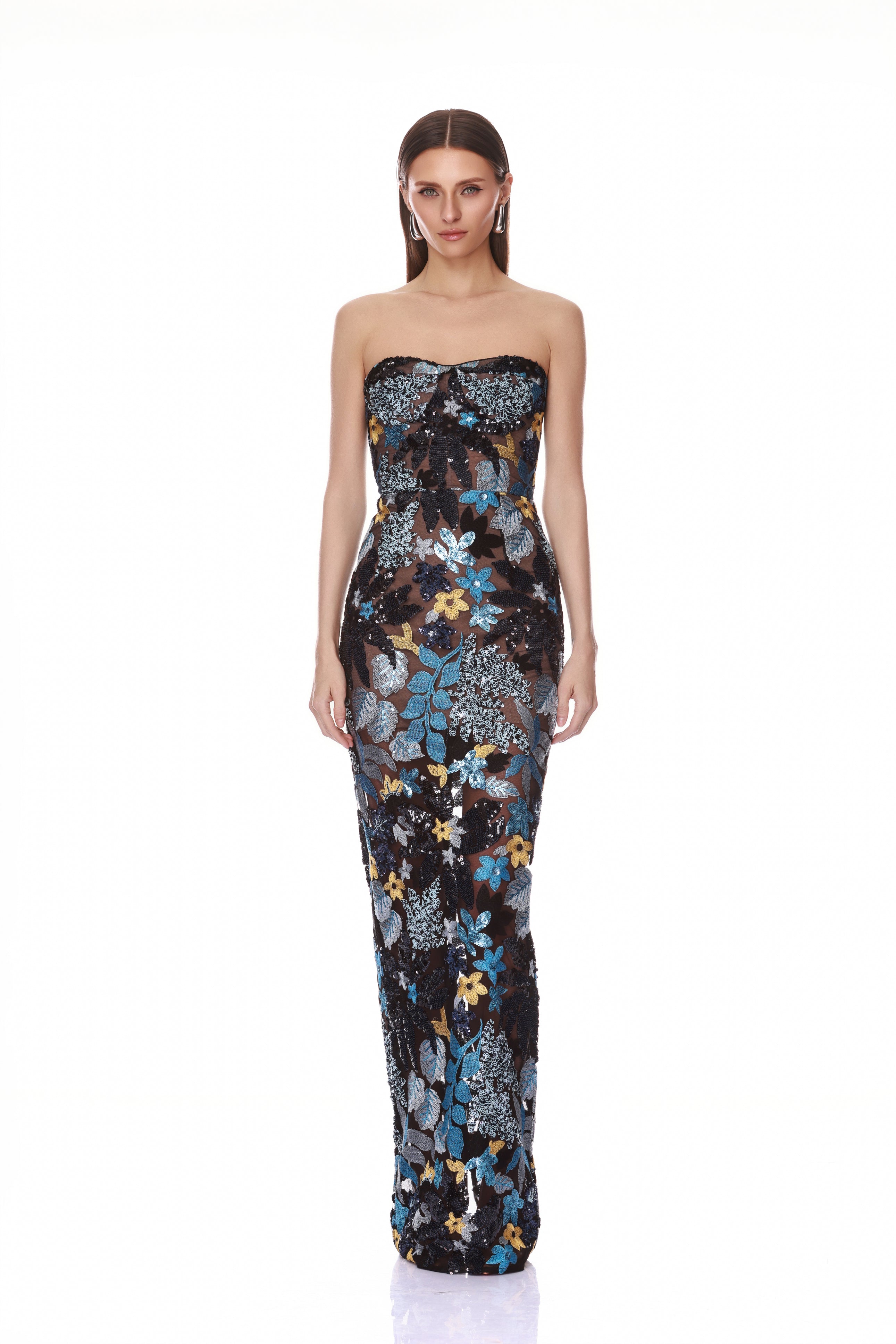 Dahlia Strapless Blue Yellow Multi Maxi Dress