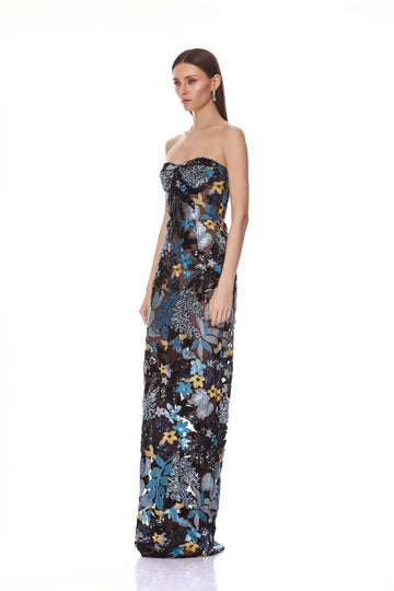 Dahlia Strapless Blue Yellow Multi Maxi Dress – BRONX BANCO