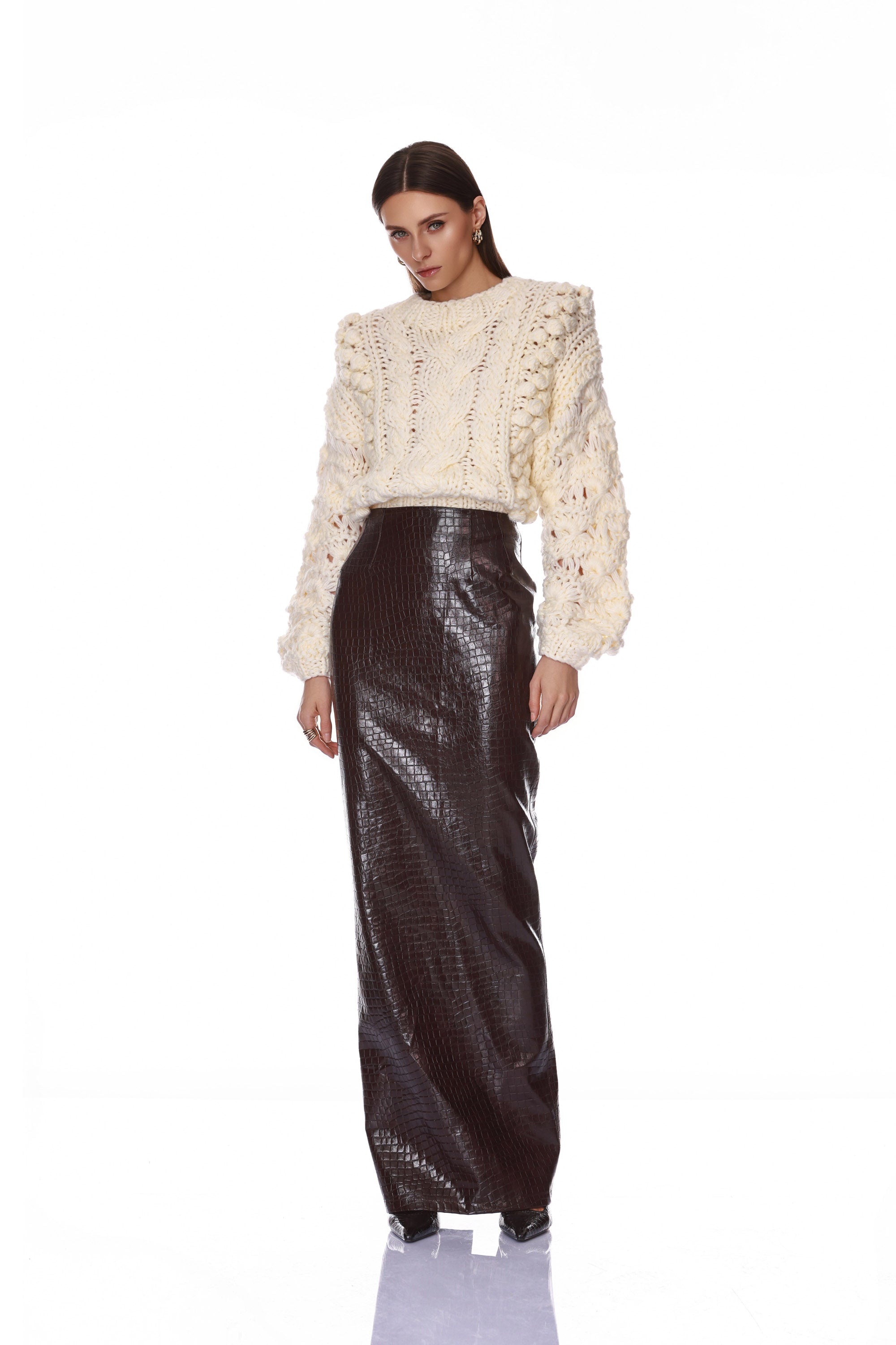Woven Leather Trench Coat + Cable Knit Sweater + Vegan Croc Embossed Shorts