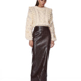 Look 12: Woven Leather Trench Coat + Cable Knit Sweater + Vegan Croc Embossed Shorts