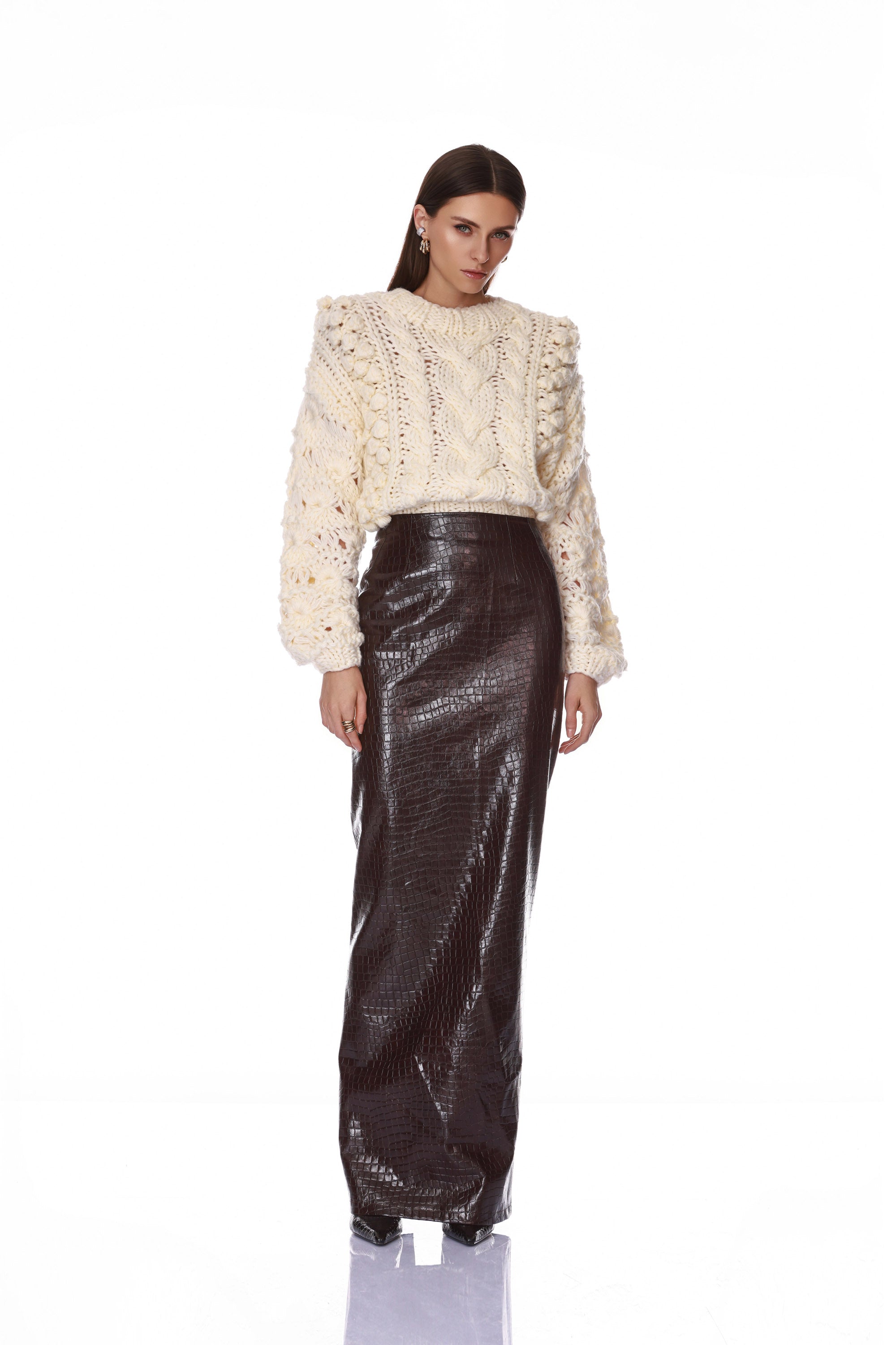 Woven Leather Trench Coat + Cable Knit Sweater + Vegan Croc Embossed Shorts